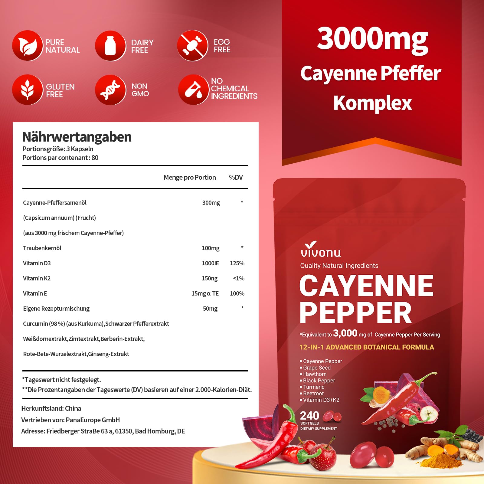 VivoNu Cayenne Pfeffer Komplex – 12-in-1 | 3000 mg/Tag | 240 Weichkapseln. Mit D3, K2, E, Kurkuma, Weißdorn, Rote Bete, Traubenkern – unterstützt Herz, Venen, Energie & Verdauung