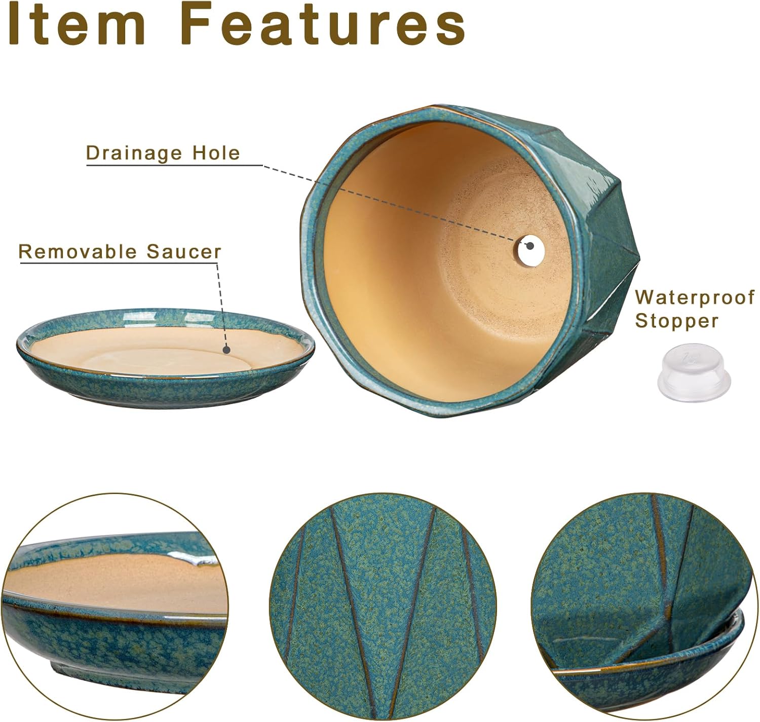 Oairse Ceramic Pots for Plants, 8+6 inch Plant Pots with Drainages Holes & Saucers Large Greyish Turquoise Ceramic Planters Decorative Flower Pot for Indoor Plants Outdoor Inoor