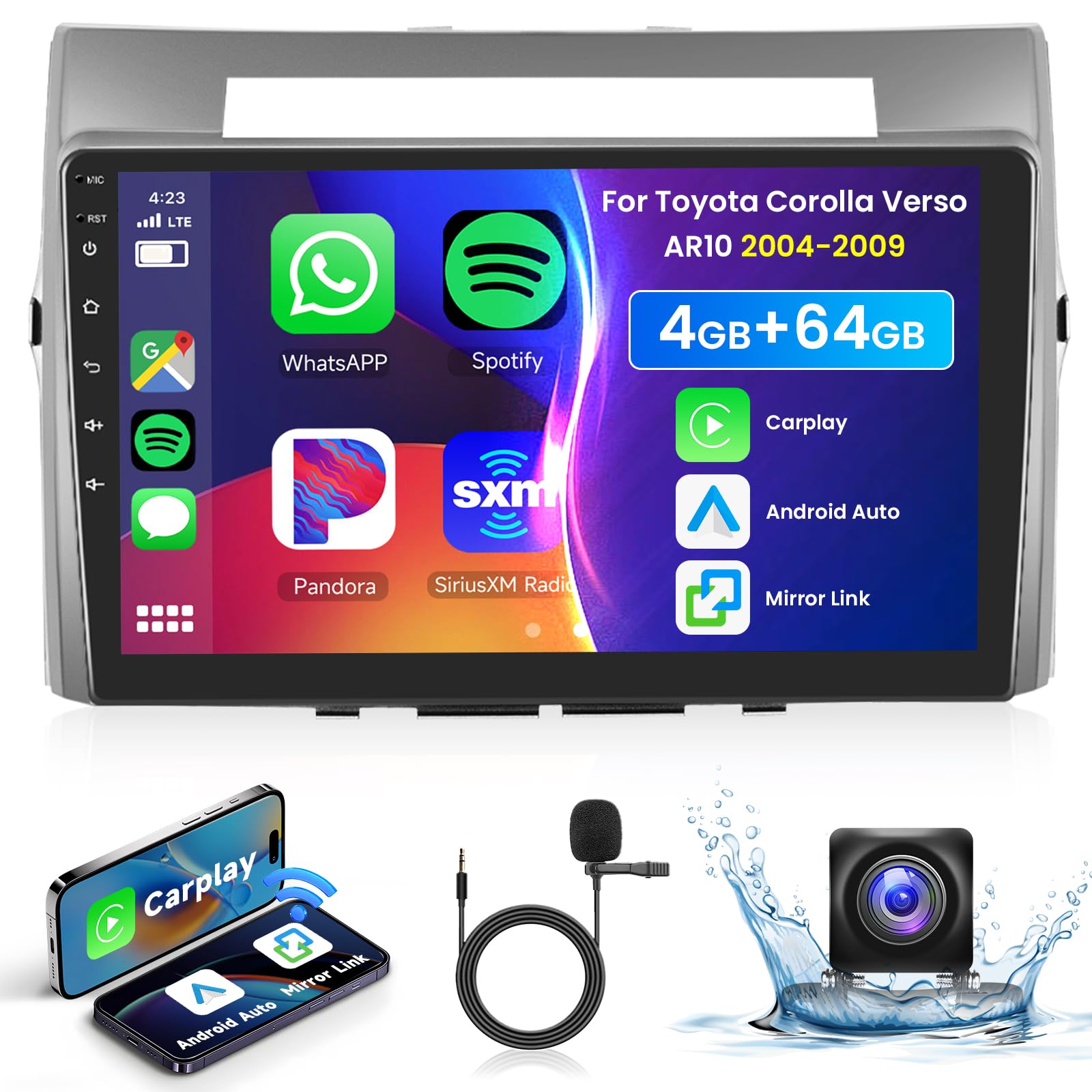 Podofo 4G 64G 9" Autoradio pour Toyota Corolla Verso AR10 2004-2009 Carplay Android Auto sans Fil, WiFi GPS Navi HiFi/RDS/FM DSP, 1280 * 720, Android 13 Radio 2 din avec caméra de recul AHD