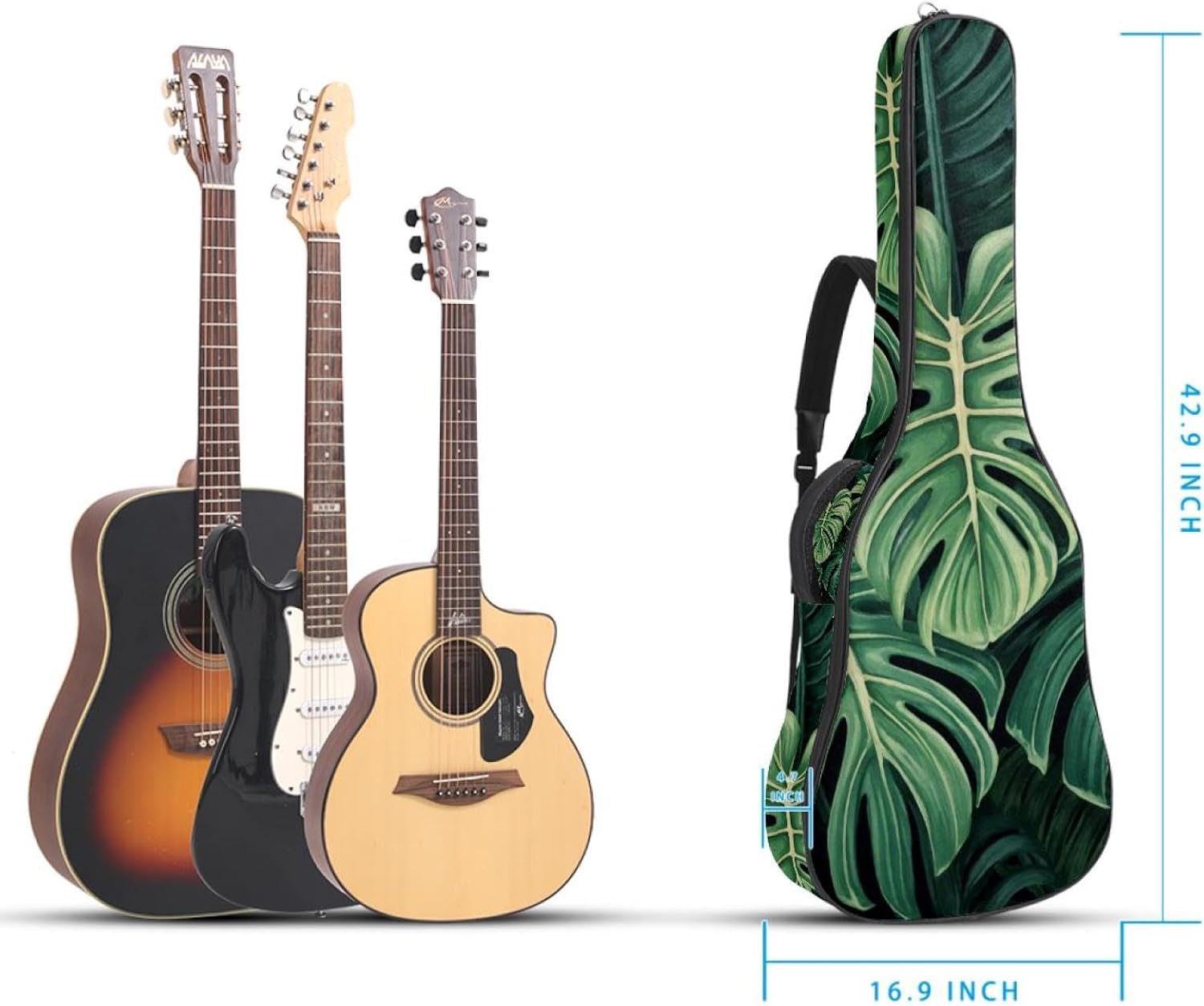 40 41 42 Inch Guitar Bags, Waterproof Padded Acoustic Guitar Case Backpack with Adjustable Shoulder Strap & Pockets, Green Tropical Leaves