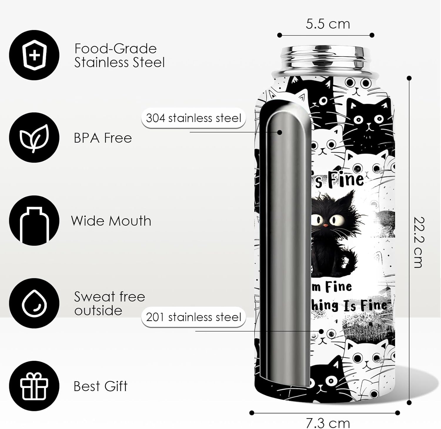 Cat Lover Gifts, Everything Is Fine I'm Fine Black Cats Water Bottle Travel Tumbler 32Oz, Christmas Birthday Gift for Cats Lovers Women Cup Cute Cat Themed Stuff Funny Coffee Mugs - Image 5
