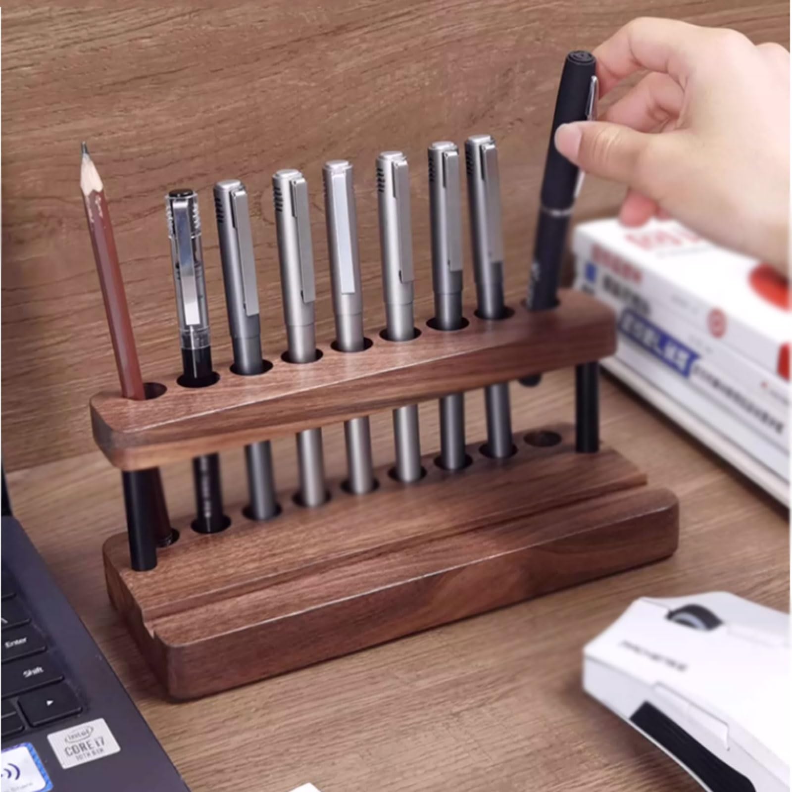 Portapenne in legno poroso e alluminio, organizer da scrivania multiforo con base antiscivolo, contenitore for cancelleria in massello