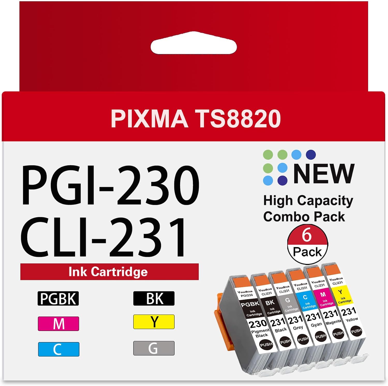 PGI-230 CLI-231 Ink Cartridge High Capacity Replacement for Canon 230 231 PGI230 CLI231 Ink Cartridges Compatible for PIXMA TS8820 8820 Inkjet Printer, 6-Pack(PGBK,Black,Cyan,Magenta,Yellow,Gray)