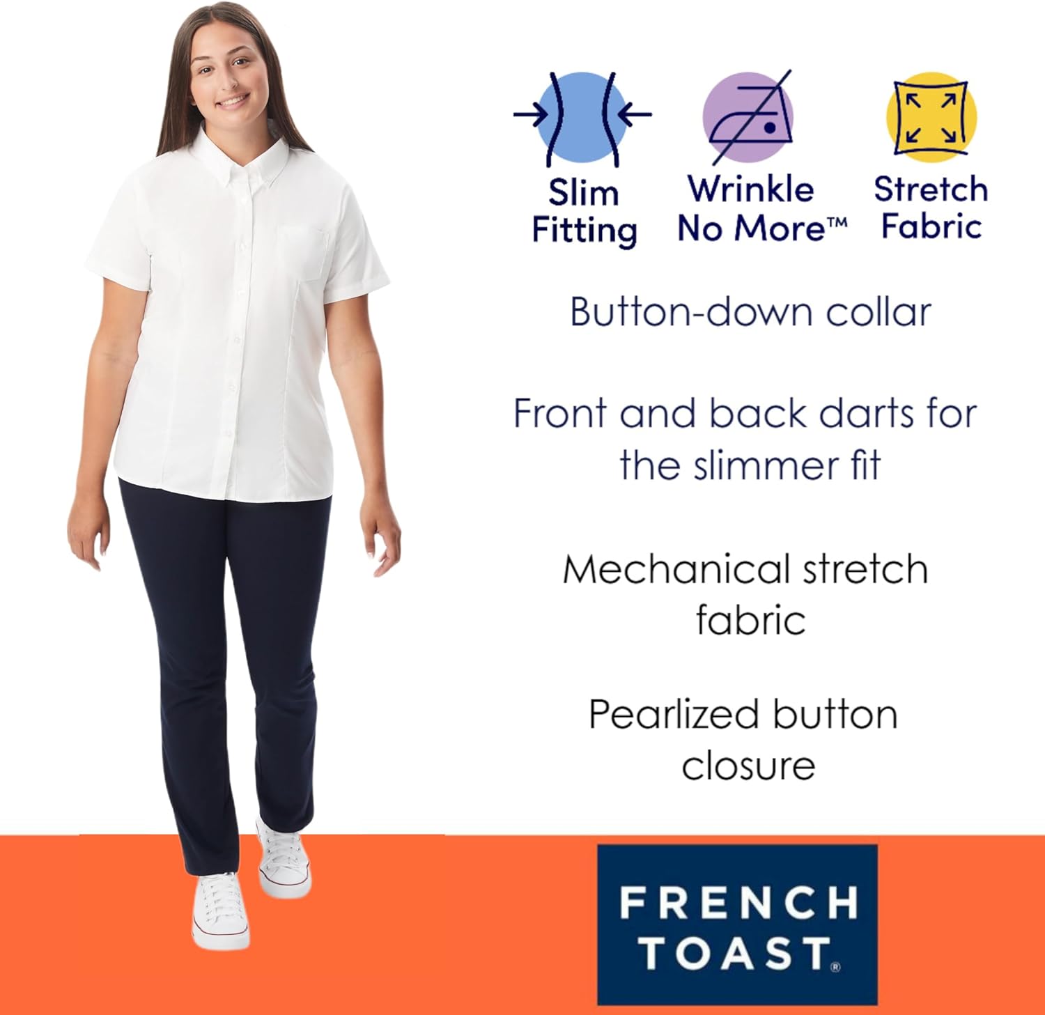 French Toast Women's Junior's Fitted Wrinkle-Resistant Oxford Shirt with Short Sleeves - Image 5