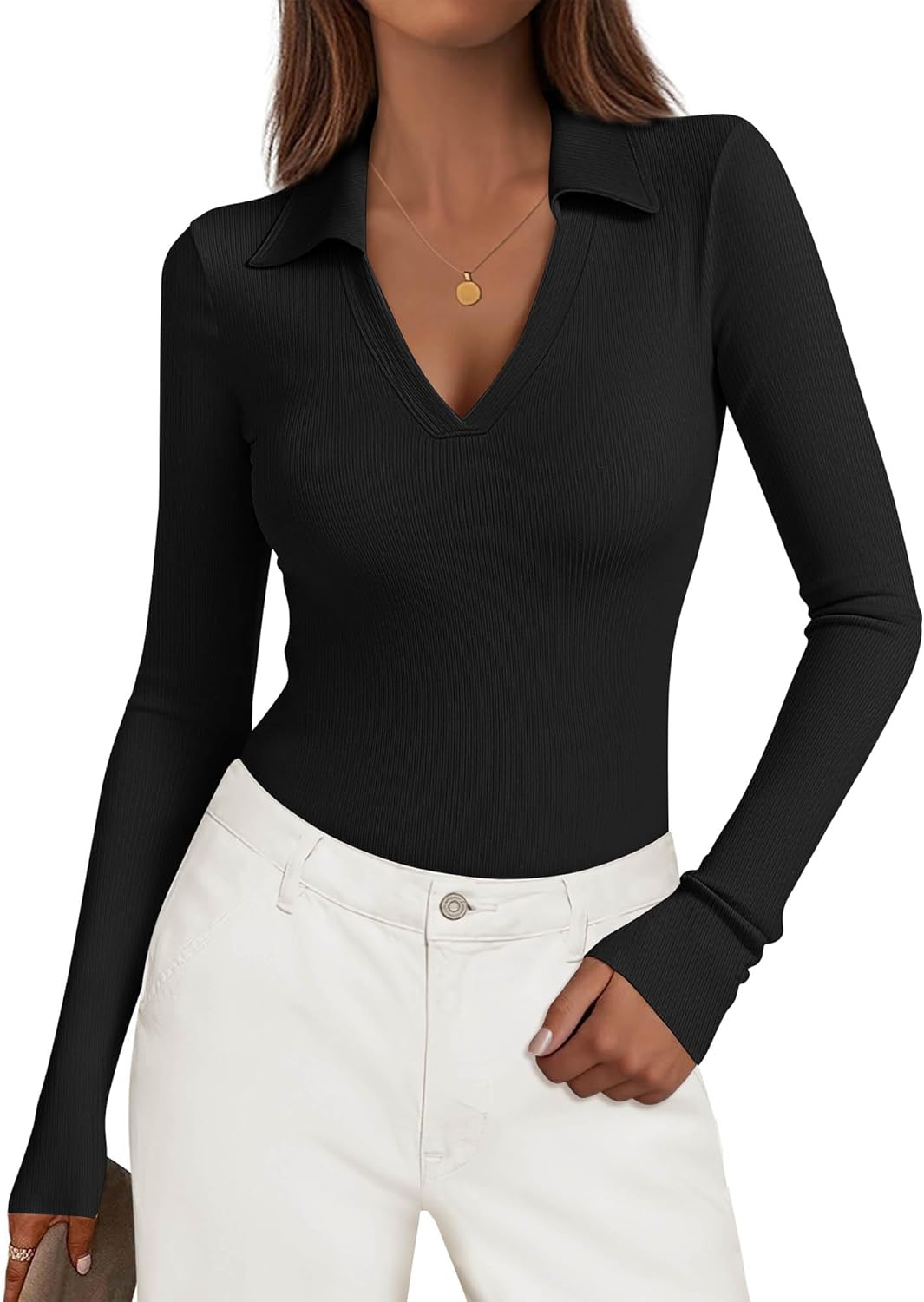 KIRUNDO Polo Shirts for Women Long Sleeve Business Casual Tops 2026 Spring Fall Ribbed Knit Collared V Neck Slim Work Blouses