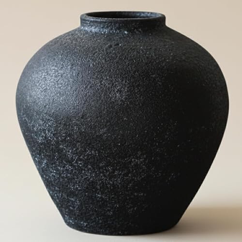 Handmade Large Rustic Ceramic Vase 10.6 inches Tall, Farmhouse | Stone Decor, Big Black Round Vase Living Room Home Decor, Earthy Textured Large Vases For Centerpieces Console Table