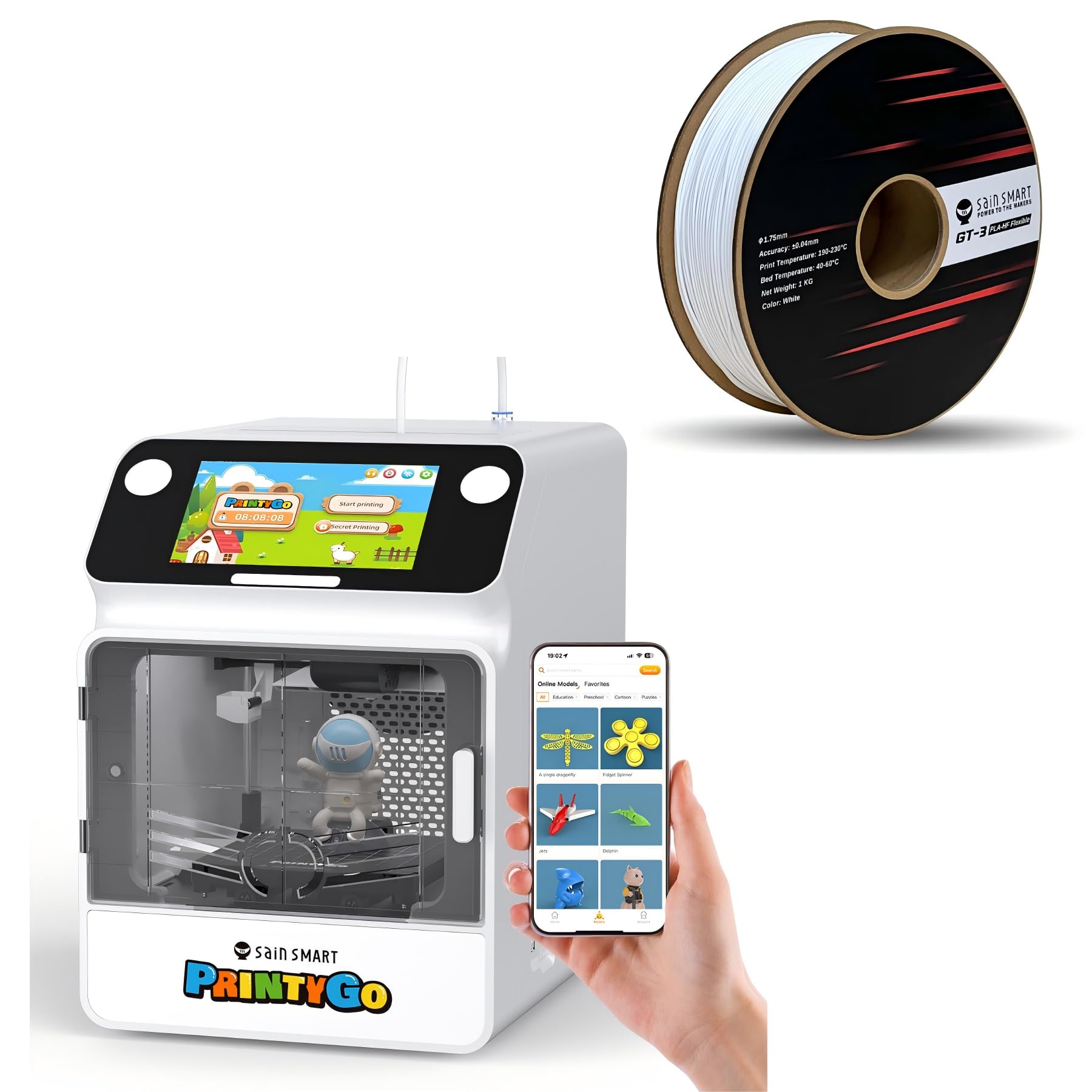 SainSmart PrintyGo Mini 3D-Drucker mit Flexibles PLA-Filament, 600 mm/s Auto-Leveling, 5"-Touchscreen, 1500+ Modelle, Kindersicher, Wi-Fi/App-Steuerung, Vormontiert