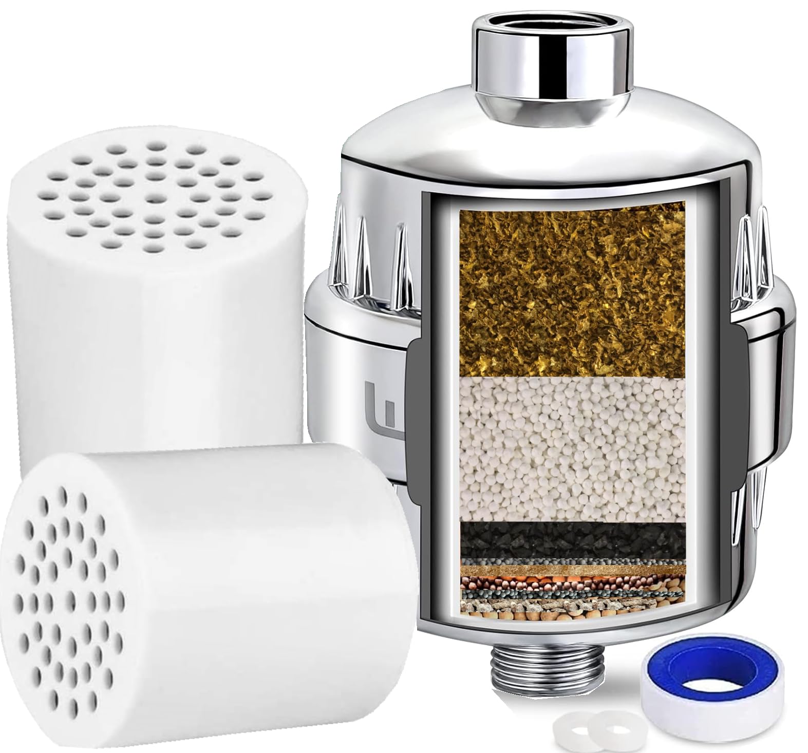 Luxau Shower Head Filter, Shower Filter 15 Stage, w/ 2 Filter Cartridge, Reduce Hard Water Chlorine & Impurity, Improve Skin Hair, Fit Universal Handheld Showerhead Fixed Rainfall Bath Fixture, Chrome