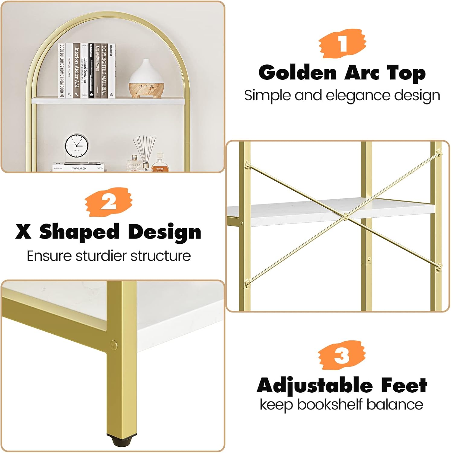 IDEALHOUSE Bookshelf 5 Tier Bookcase Arched Display Racks Tall Standing Bookshelves Metal Frame Modern Storage Rack Shelf Large Wood Book Shelf for Bedroom, Living Room, Home Office, White/Gold - Image 6