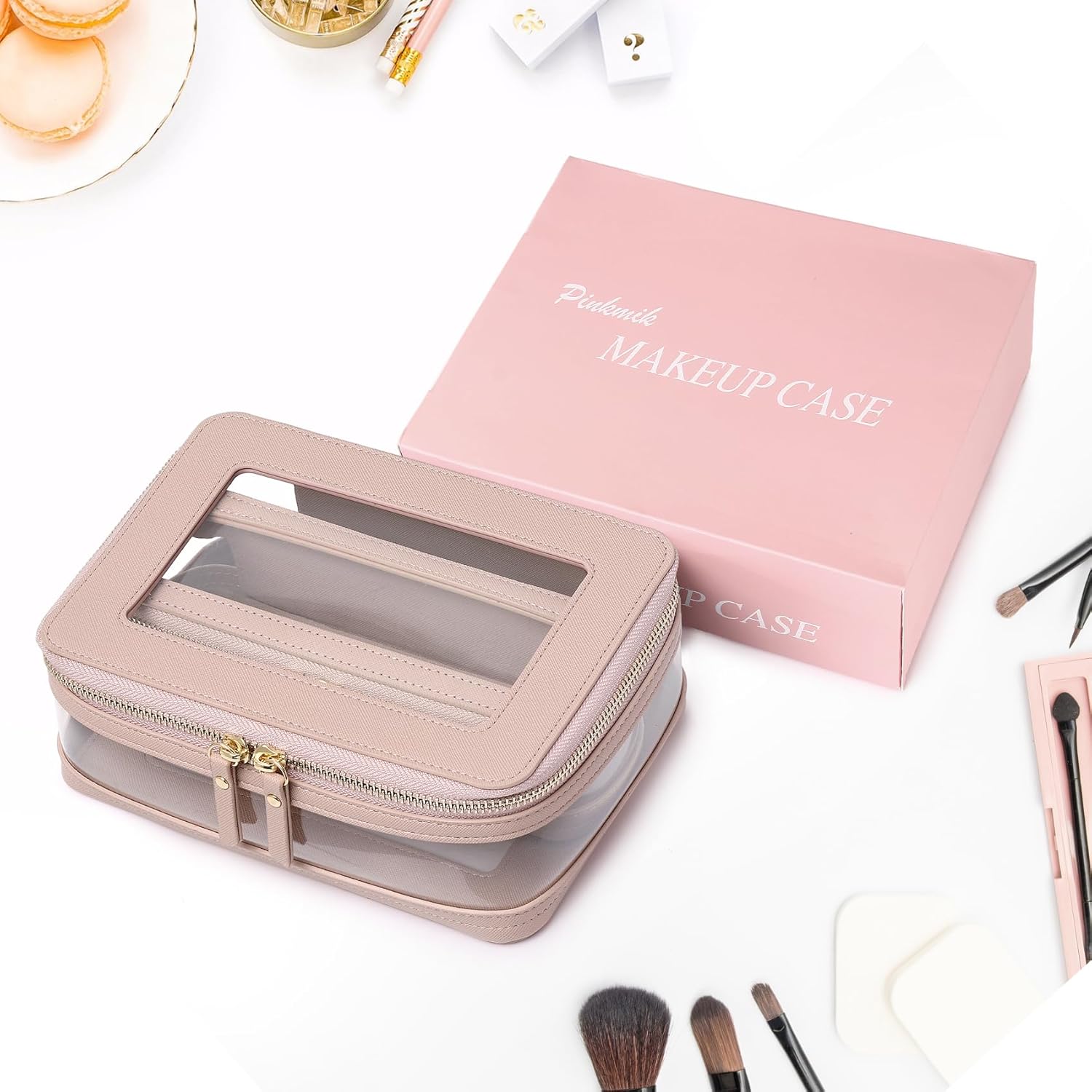 Pinkmik Clear Makeup Bag with Brush Case Travel Toiletry Bag Waterproof Cosmetic Organizer Car Essentials for Women (Pink, M+SLIM-1) - Image 7