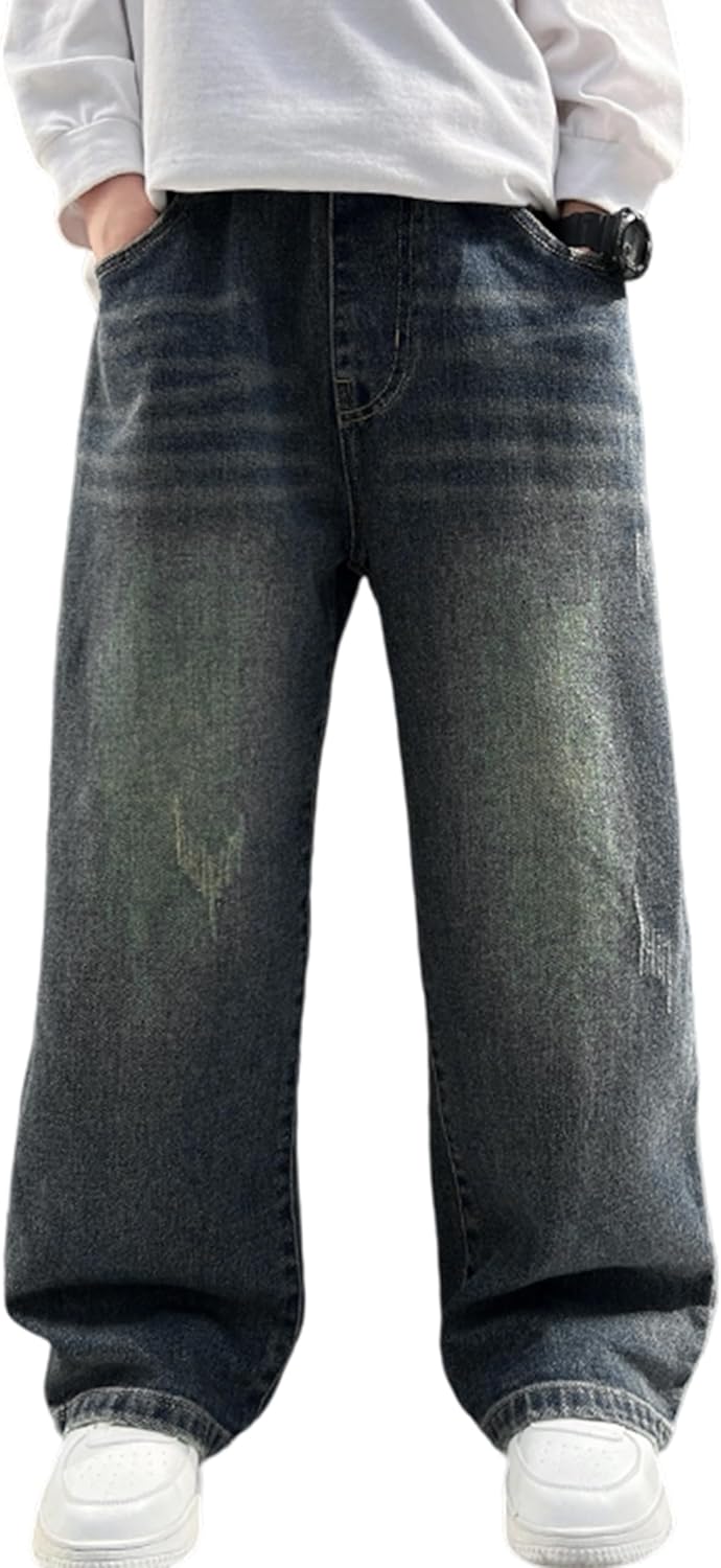 Rolanko Boys Baggy Jeans, Wide Leg Elastic Waist Denim Pants Loose Fit Trousers Vintage Y2K Streetwear