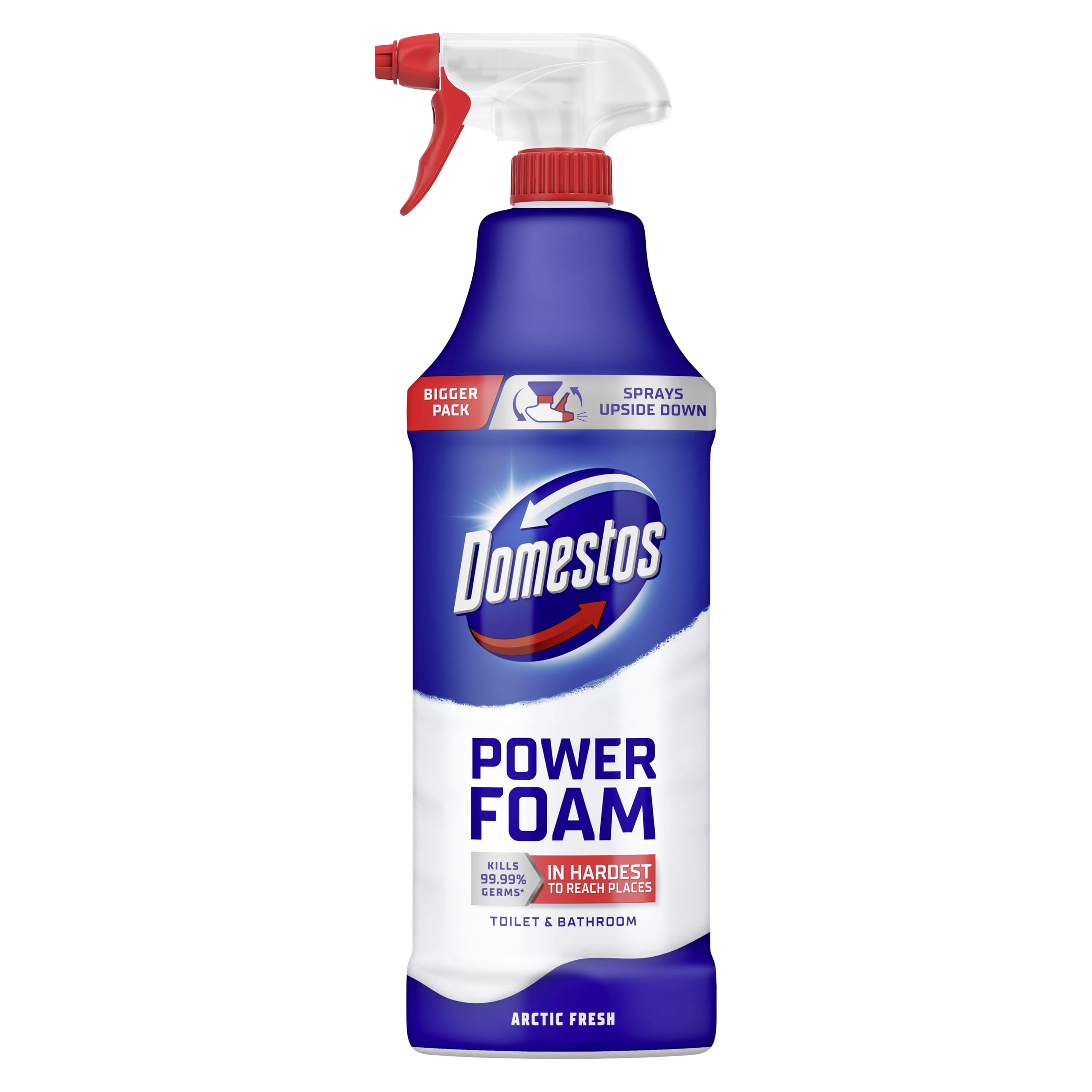 Power Foam Arctic Fresh Toilet & Bathroom Cleaner Spray sprays upside down & eliminates 99.99% of germs* for cleaning inside the toilet & around the bathroom 650 ml