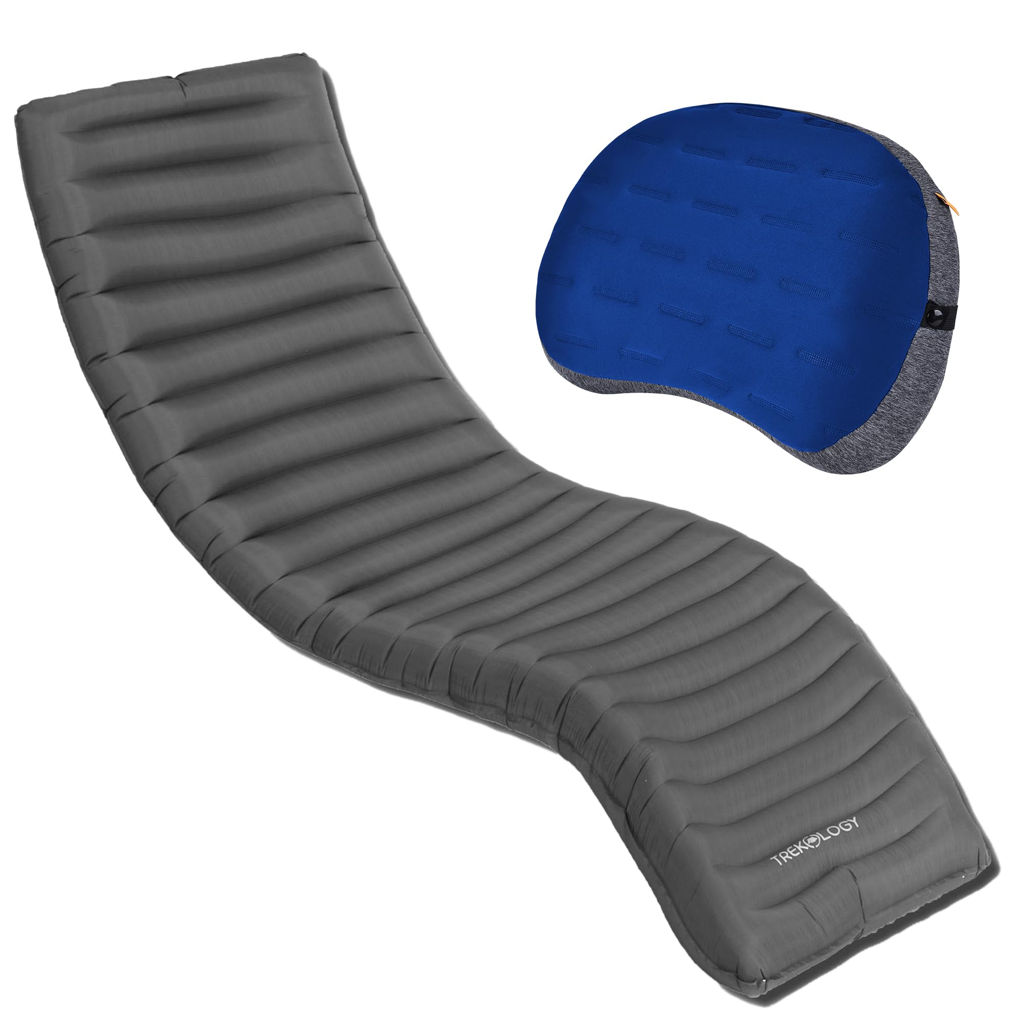 Trekology Camping Schlaf-Set – UL80 Aufblasbare Isomatte mit ALUFT Plus Aufblasbarem Campingkissen (Blau) – Leichte Kompakte Rucksackmatratze und Reisekissen mit Nackenstütze für Wandern, Camping, Str