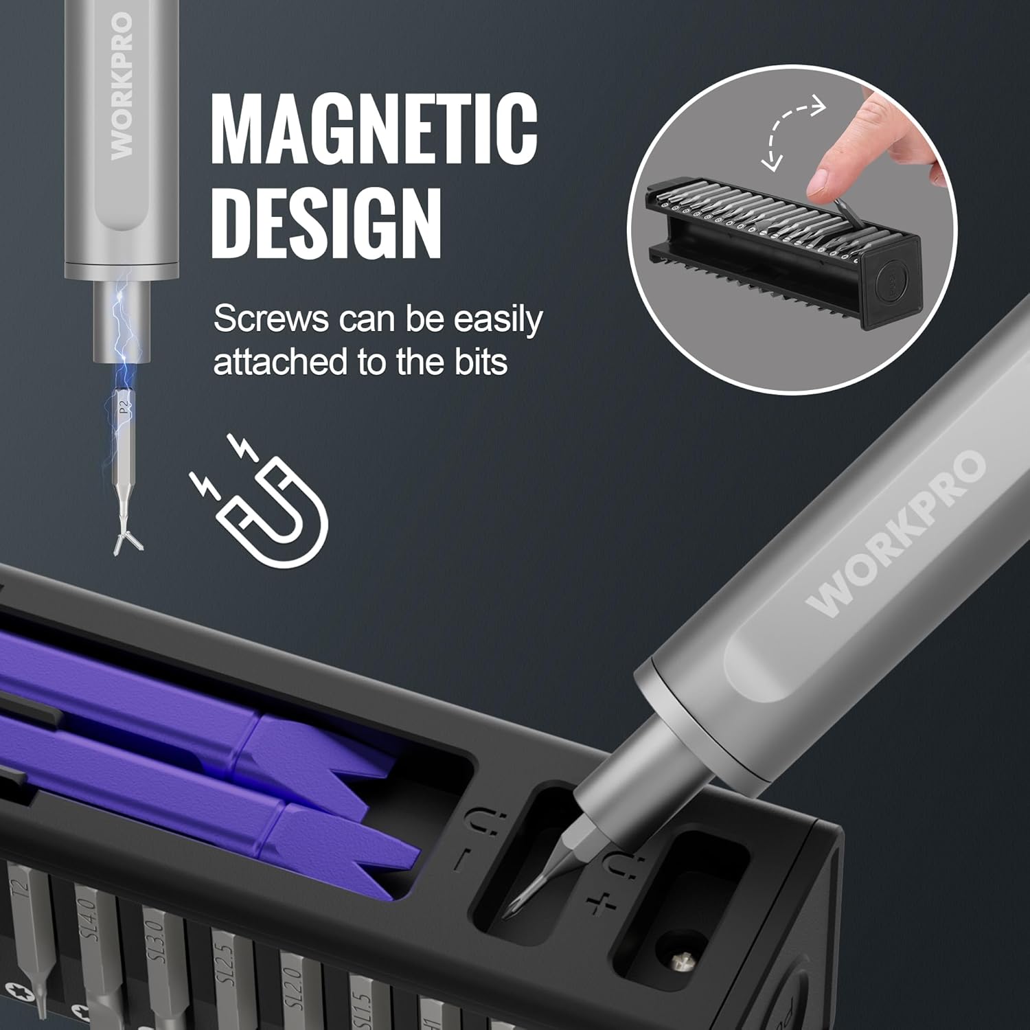 WORKPRO Mini Electric Screwdriver bit being magnetized using the built-in magnetizer in the case.