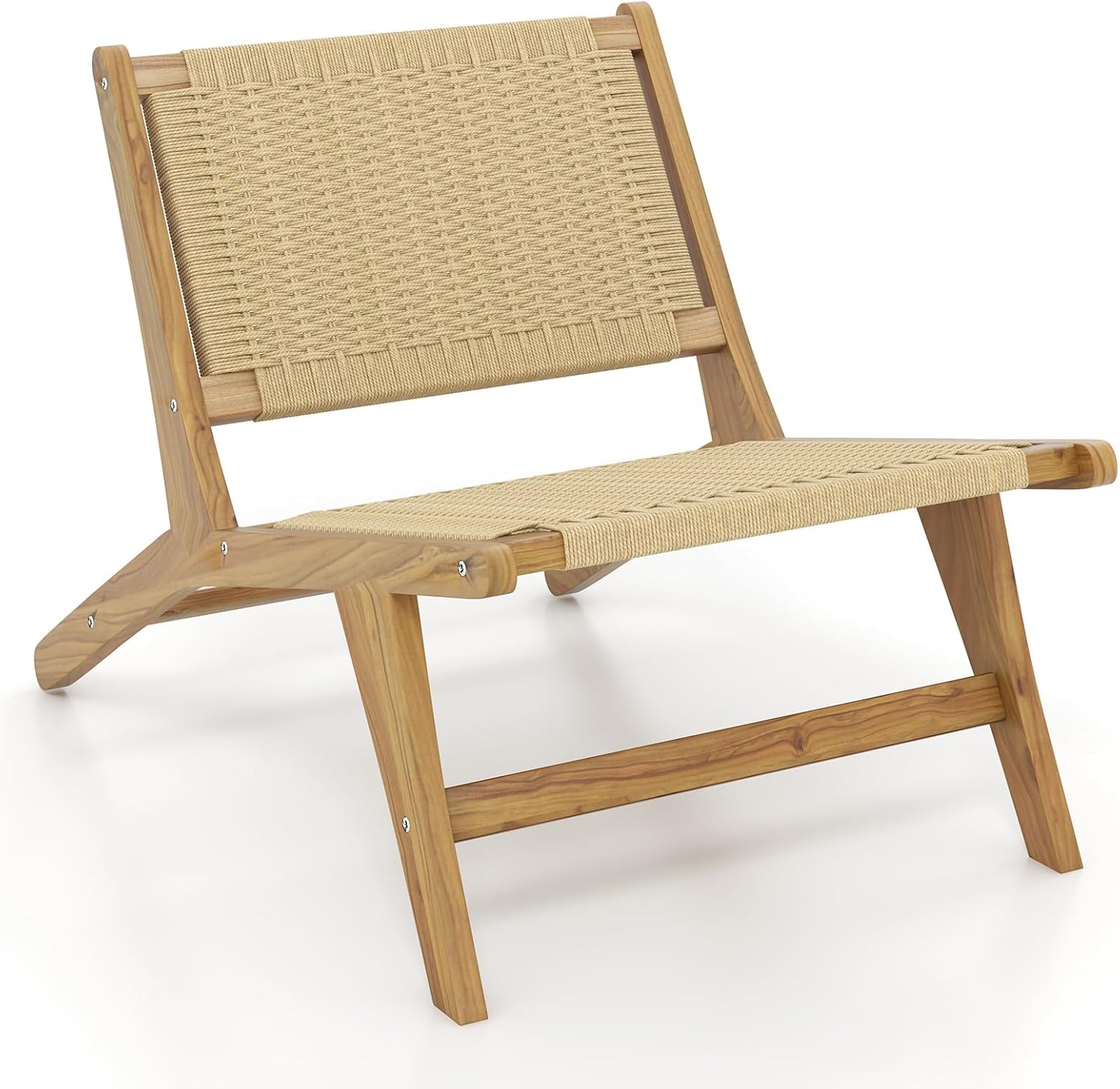 Tangkula Teak Wooden Chair, Mid Century Modern Accent Chair with Braided Rope Seat & Backrest for Living Room Bedroom Office, Backyard, Poolside & Deck Indoor