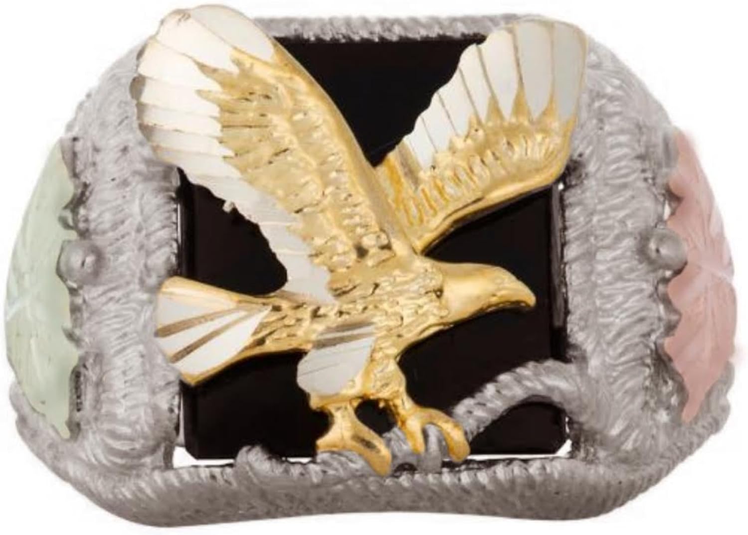 Black Hills Gold Jewelry Men's 925 Sterling Silver Onyx Stone Ring with Diamond-Cut Eagle, 12k Green and Rose Gold