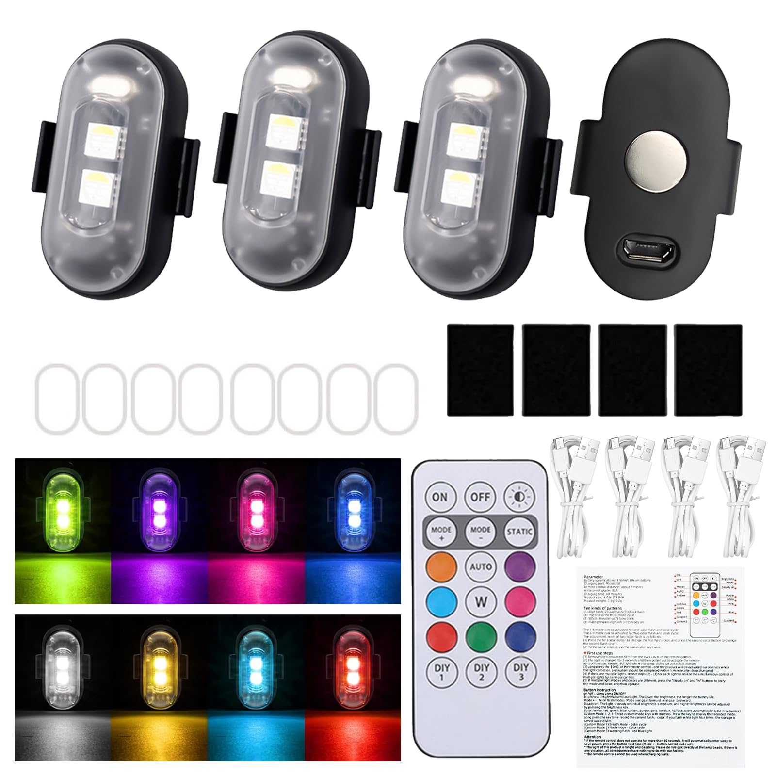 JIMACRO 4 Pezzi Luci Stroboscopiche Drone LED con Telecomando, 8 Colori Luci Anticollisione Senza Fili per Droni Motociclette Biciclette RC (magnetica)