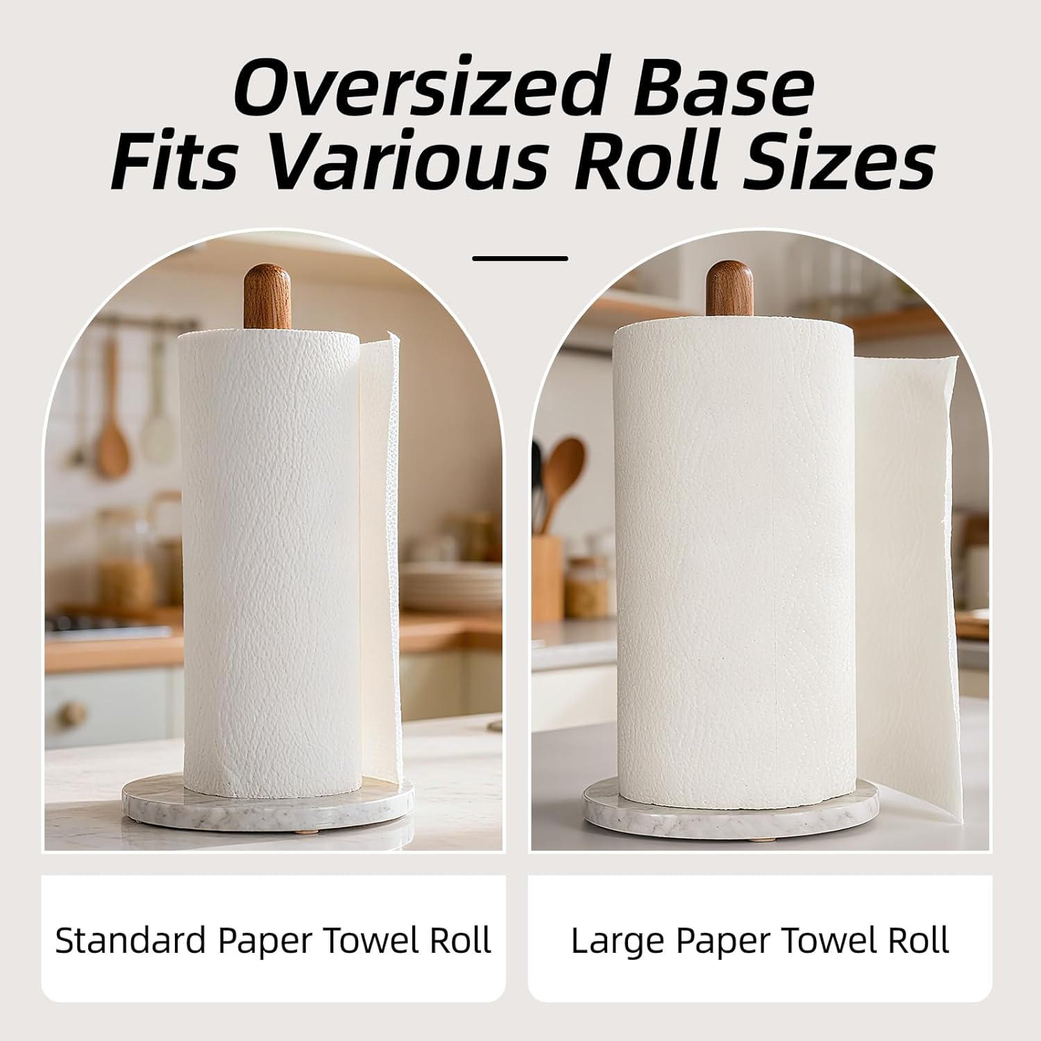 Acacia Wood & Marble Paper Towel Holder – Freestanding Paper Towel Holder for Countertop, Weighted for One-Handed Use, for Kitchen, Bathroom, Office