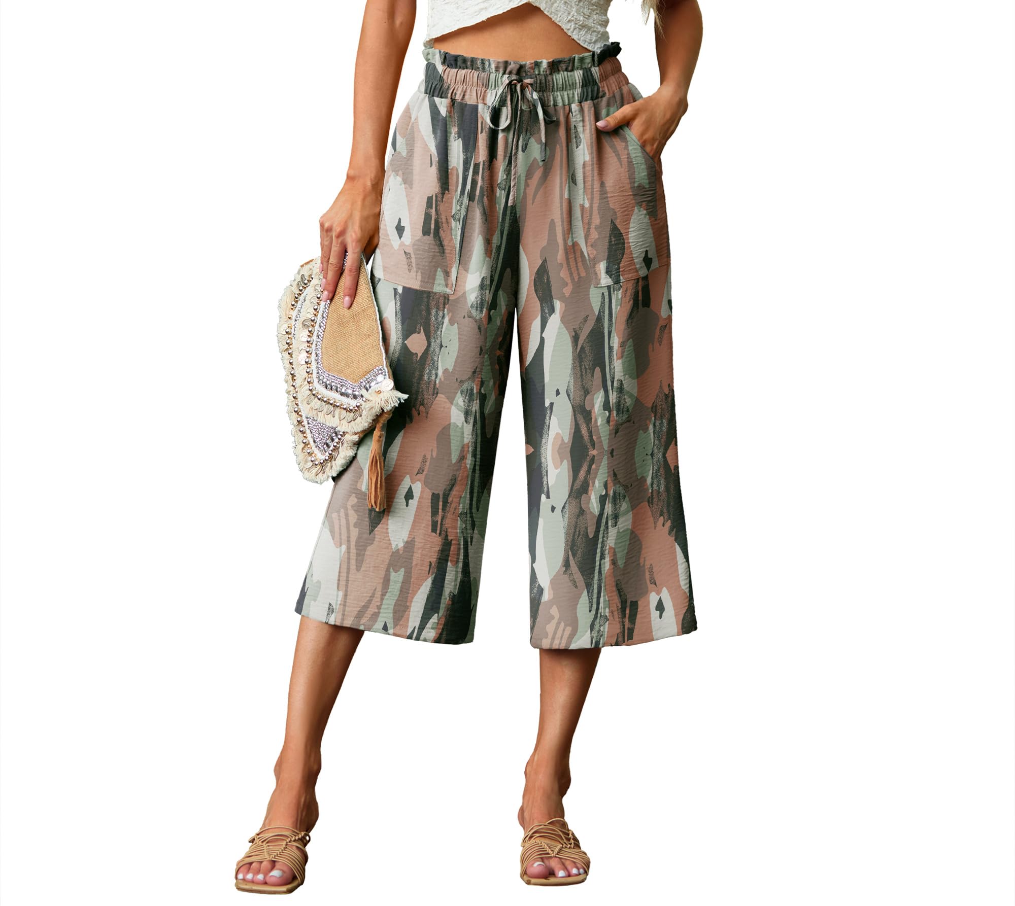 Lepunuo Women's Wide Leg Capri Pants High Waisted Palazzo Pants Adjustable Casual Tie Knot Pants with Pockets