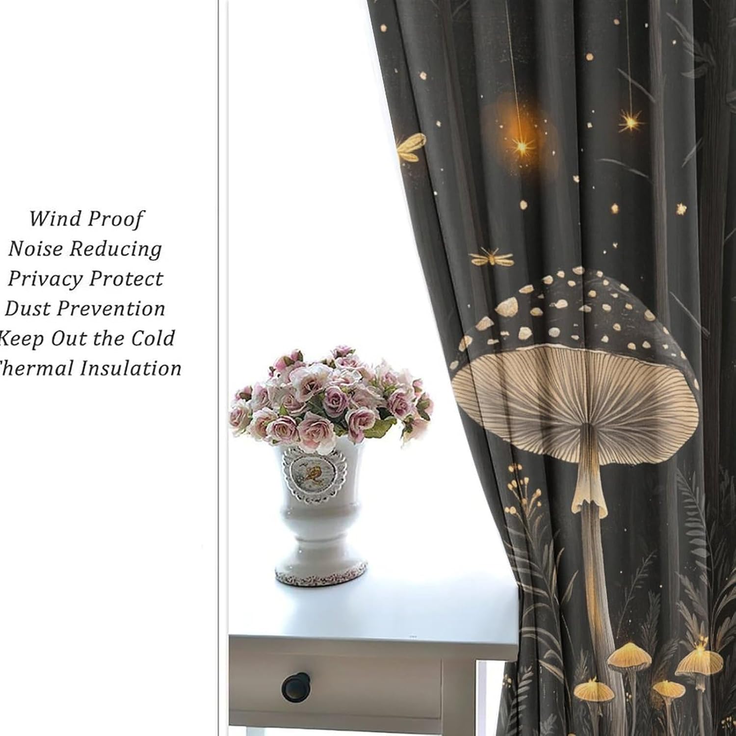 Enchanted Mushroom Forest Grommet Blackout Curtains for Bedroom, Rustic Floral Tree Star Sky Thermal Insulated Curtains Room Darkening Window Drapes, 21W x 45L, 2 Panels