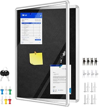 Magula 36"x24" Enclosed Bulletin Board Tamper-Proof Dispaly Case, Black Felt, Aluminium Frame, Shatter Resistant Lockable Bulletin Board, Lockable Noticeboard