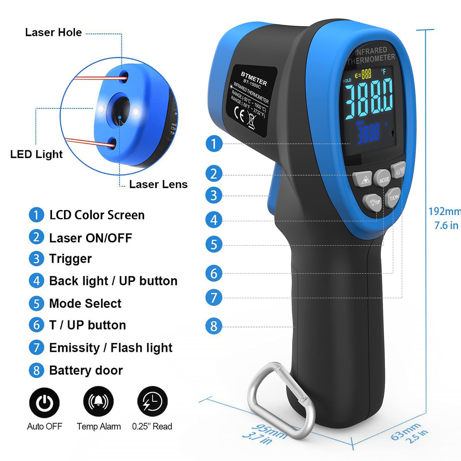 BTMETER BT-1500C Pyrometer, berührungsloses Laser-Infrarot-Thermometer, misst -50 °C bis 1500 °C, IR-Temperaturmesser mit farbigem LCD-Display (nicht für menschliche Temperatur)