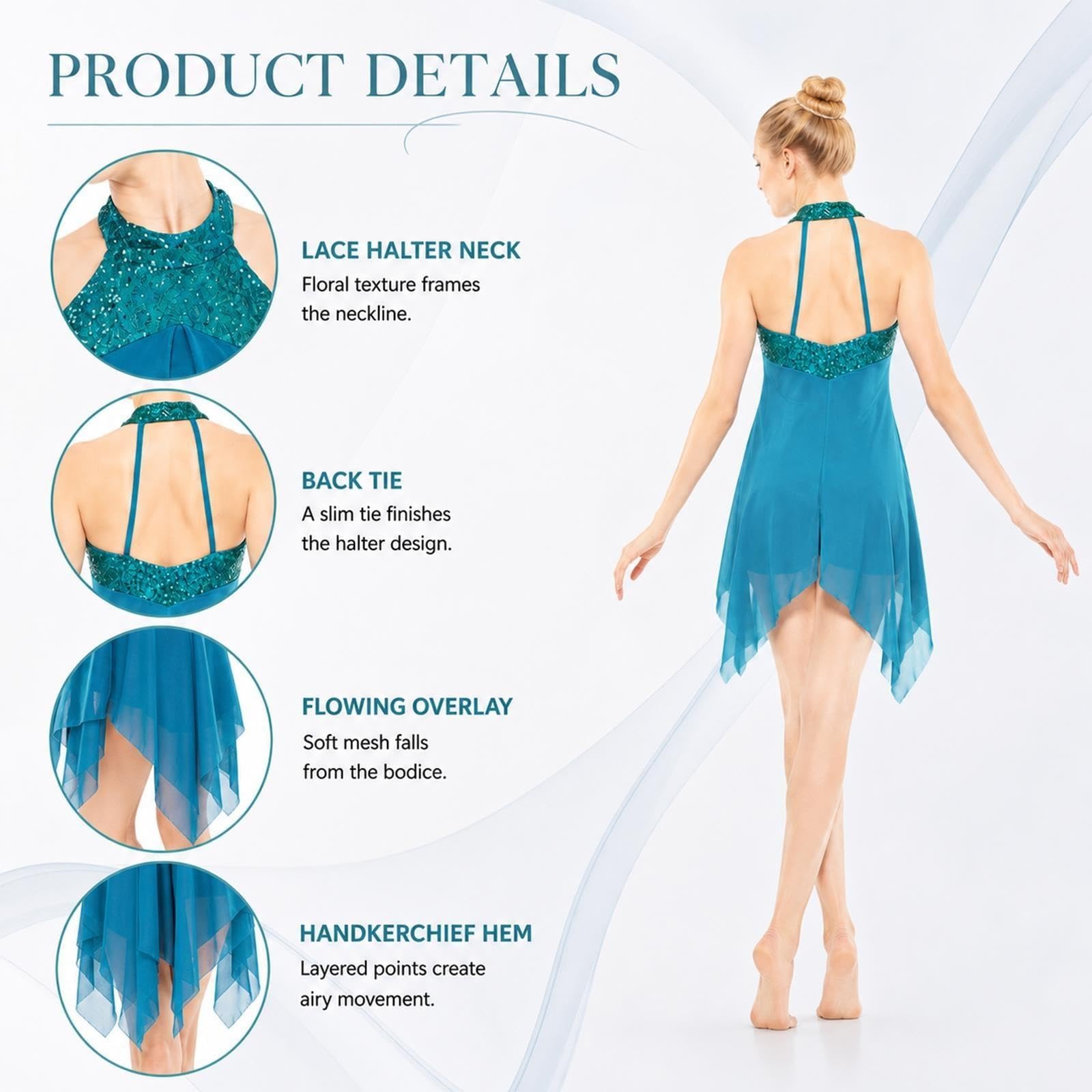 Abito da danza lirica donna e teen, body petrolio con paillettes