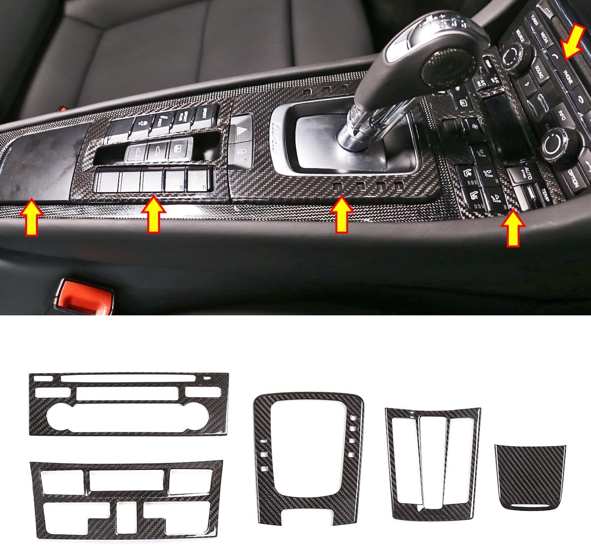 Suitable for 2016 to 2019 Porsche 718 and 2012 to 2018 Porsche 911 car central control panel decorative kit protective cover, Real carbon fiber interior accessories (Black carbon fiber [5-piece])