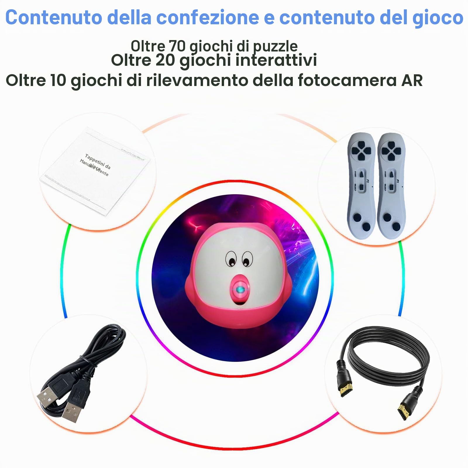 Console di gioco per bambini e adulti, sistema di videogiochi retrò con100+ giochi, 17 giochi AR per fotocamera,2 controller di gioco, regalo giocattolo per ragazzi e ragazze dai 3 anni in su