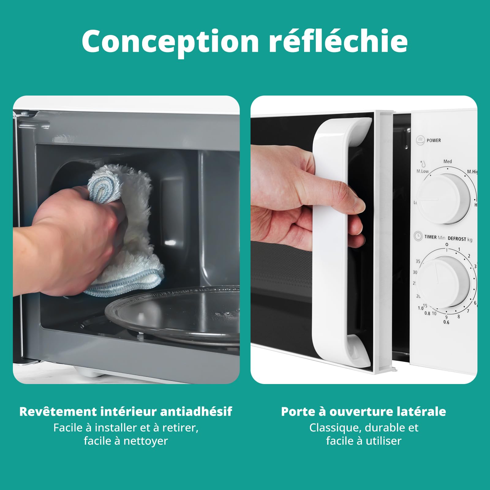 SMETA Micro-ondes, 20L Micro Onde, Sans Grill, Revêtement, 700 W de Puissance, 5 Niveaux, Minuterie 35 Minutes, Mode Décongeler par Temps/Poids, Finition Blanc