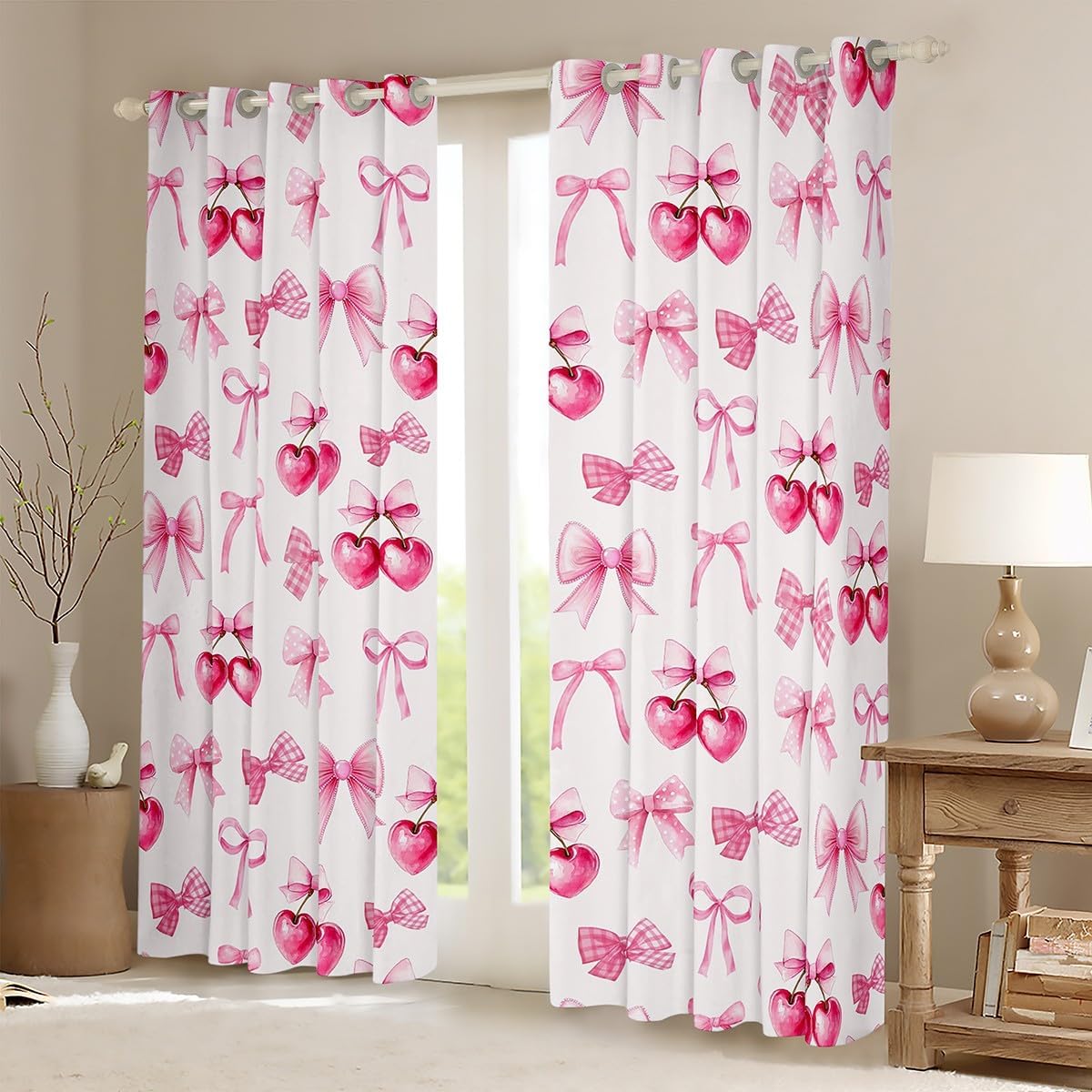 Girls Pink Bow Curtains,Kids Adults Teens Room Decor Cartoon Bowknot Cherry Boys Girls Window Treatment Curtain,Fairy Tale Princess Style Window Drapes,Top 2 Panel,38Wx45L