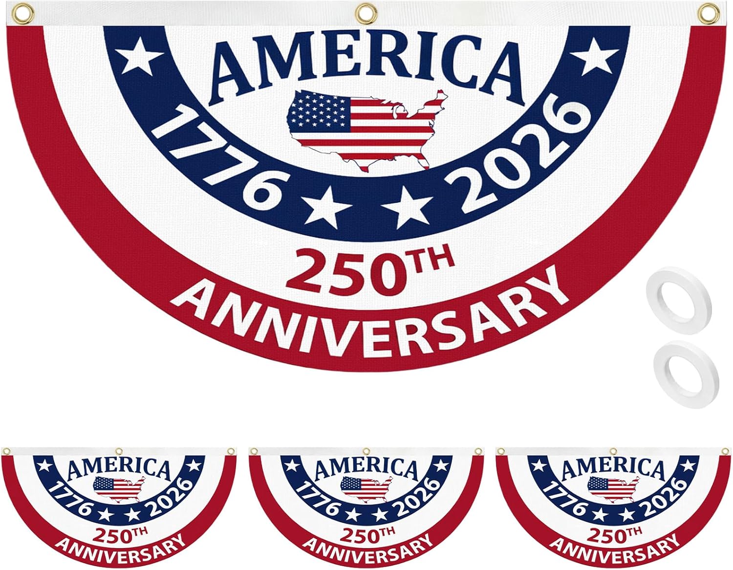 Remagr 4 Pcs 250th Anniversary Bunting Flag American 1776-2026 250th Anniversary Birthday Fan Flag with Rope USA 4th of July Patriotic Fan Banner Independence Day Decoration for Outdoor Porch Garden