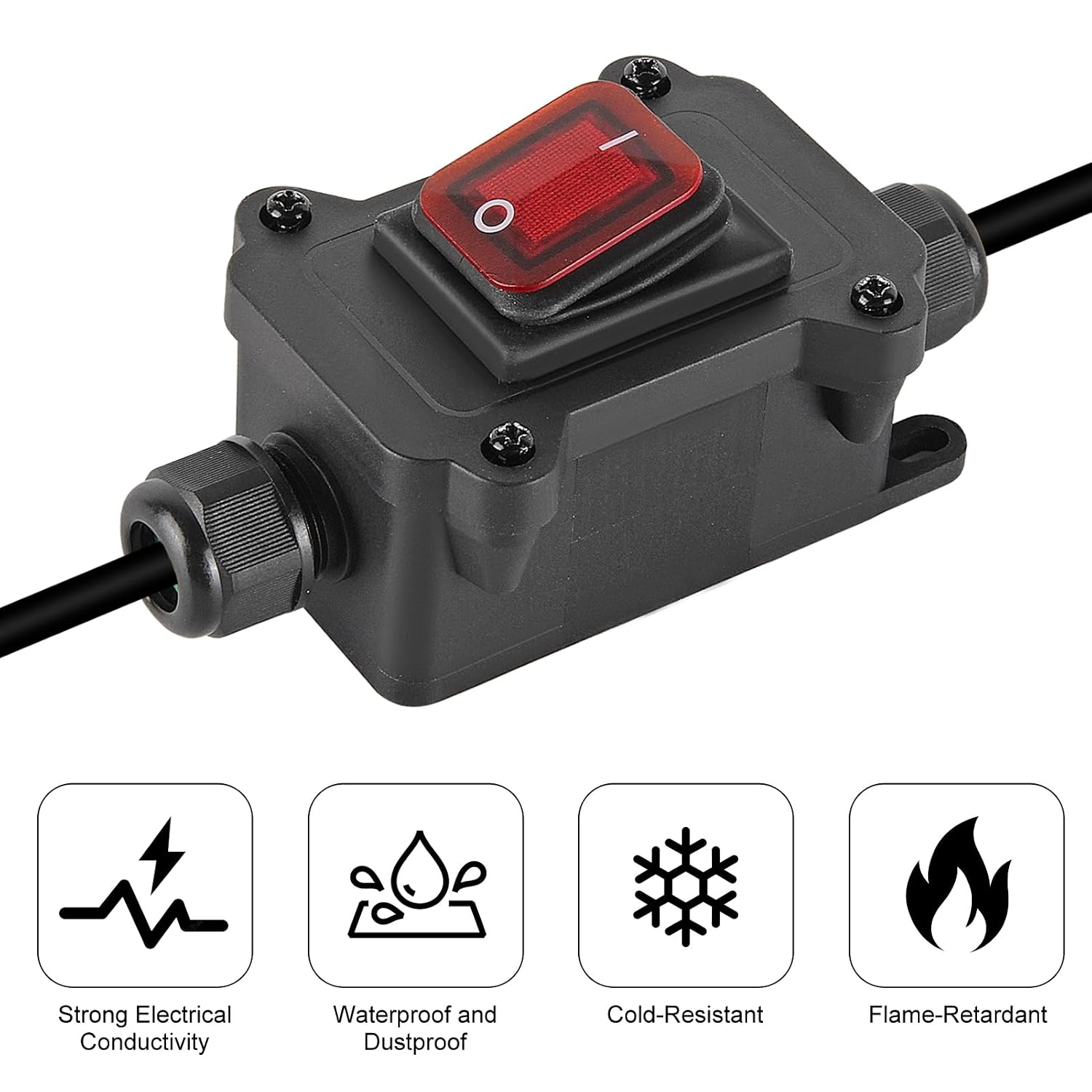 2PCS Waterproof Inline Cord Switch,DPST AC 20A-125V,16A-250V On Off Toggle Switch with Red Light Rocker Button,Outdoor Start Stop Switch,Two Side Entry and Exit Line