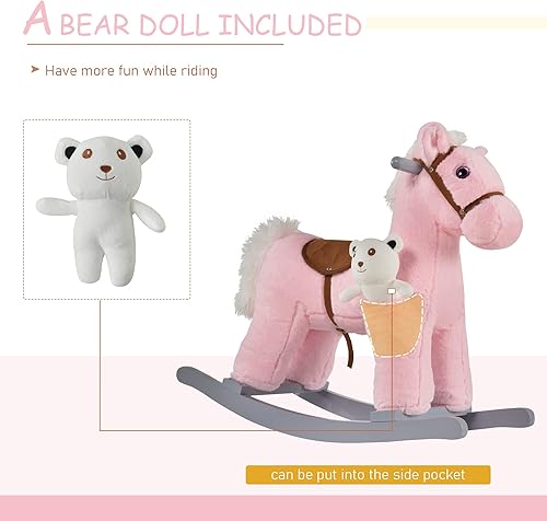 Miniatura 8 de Qaba Caballo mecedor de peluche para niños con juguete de oso, silla para niños con juguete de felpa suave y divertidos sonidos realistas, rosa