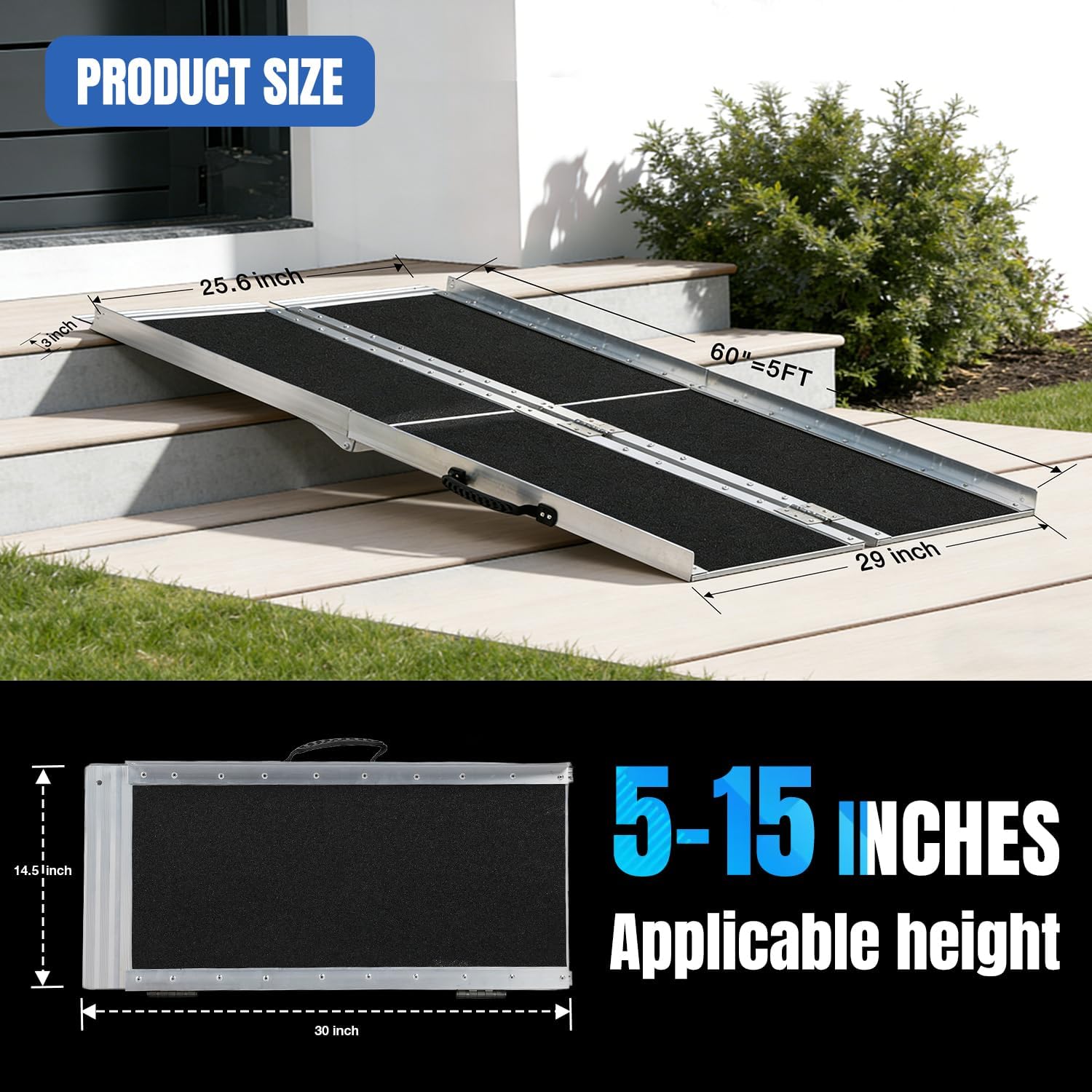 Nilight 5 Feet Portable Wheelchair Ramp with Quick-Lock Non-Skid Aluminum Handicap Ramps with Handle Folding Threshold Ramp for Home Steps, Stairs, Doorways, Scooter, Porch, Cart 800LBS Capacity