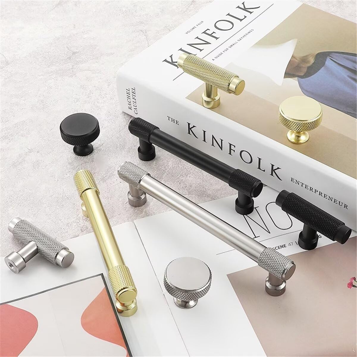 2 Pcs Gold T Shape Cabinet Pulls Modern Kitchen Drawer Handles, Knurled Drawer Pulls Knobs for Cupboard, Wardrobe,Dresser,Bedroom Nightsand,128mm