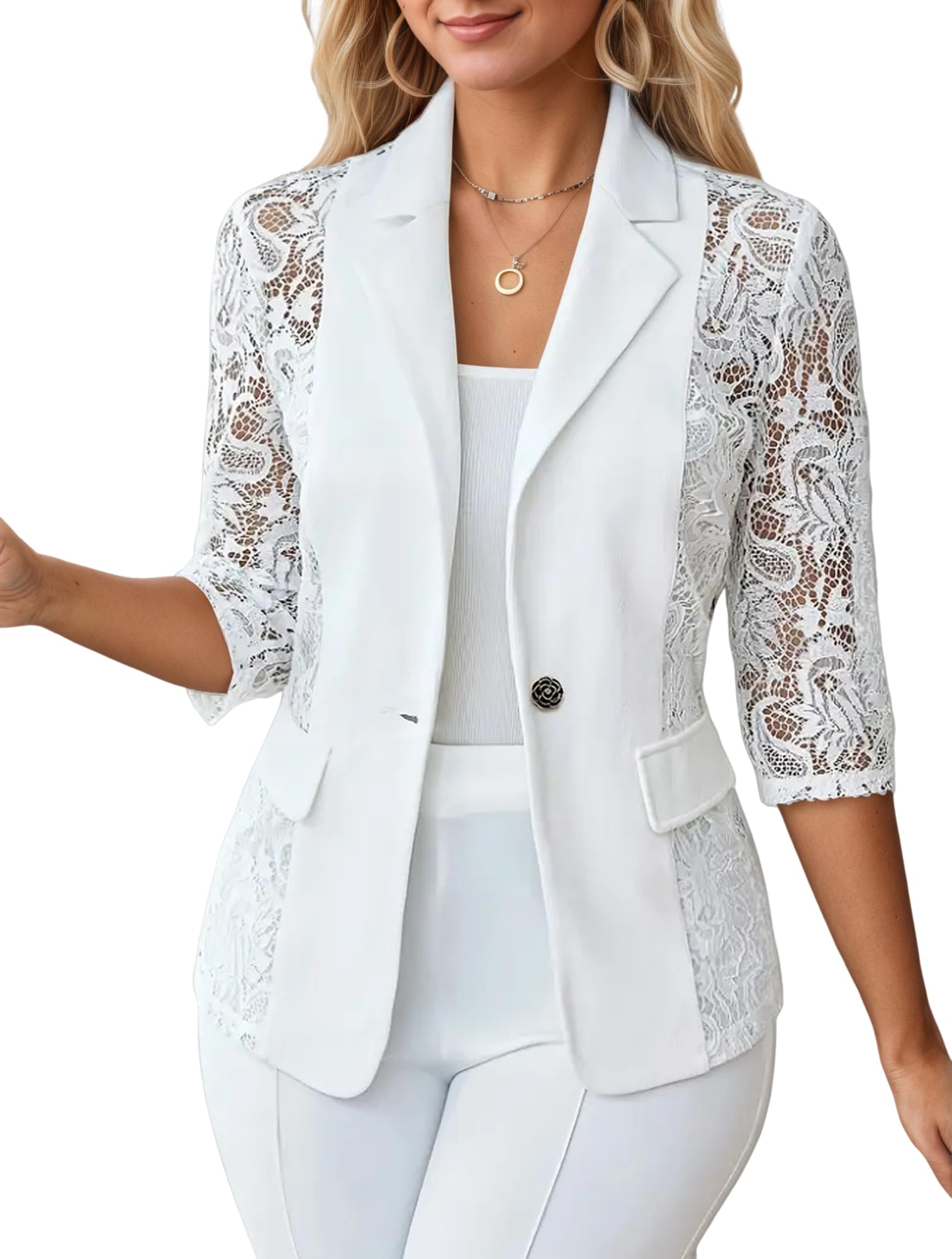 Womens Trendy 3 4 Sleeve Sheer Lace Blazer Button Notch Lapel Open Front Casual Jacket Business Office Jackets