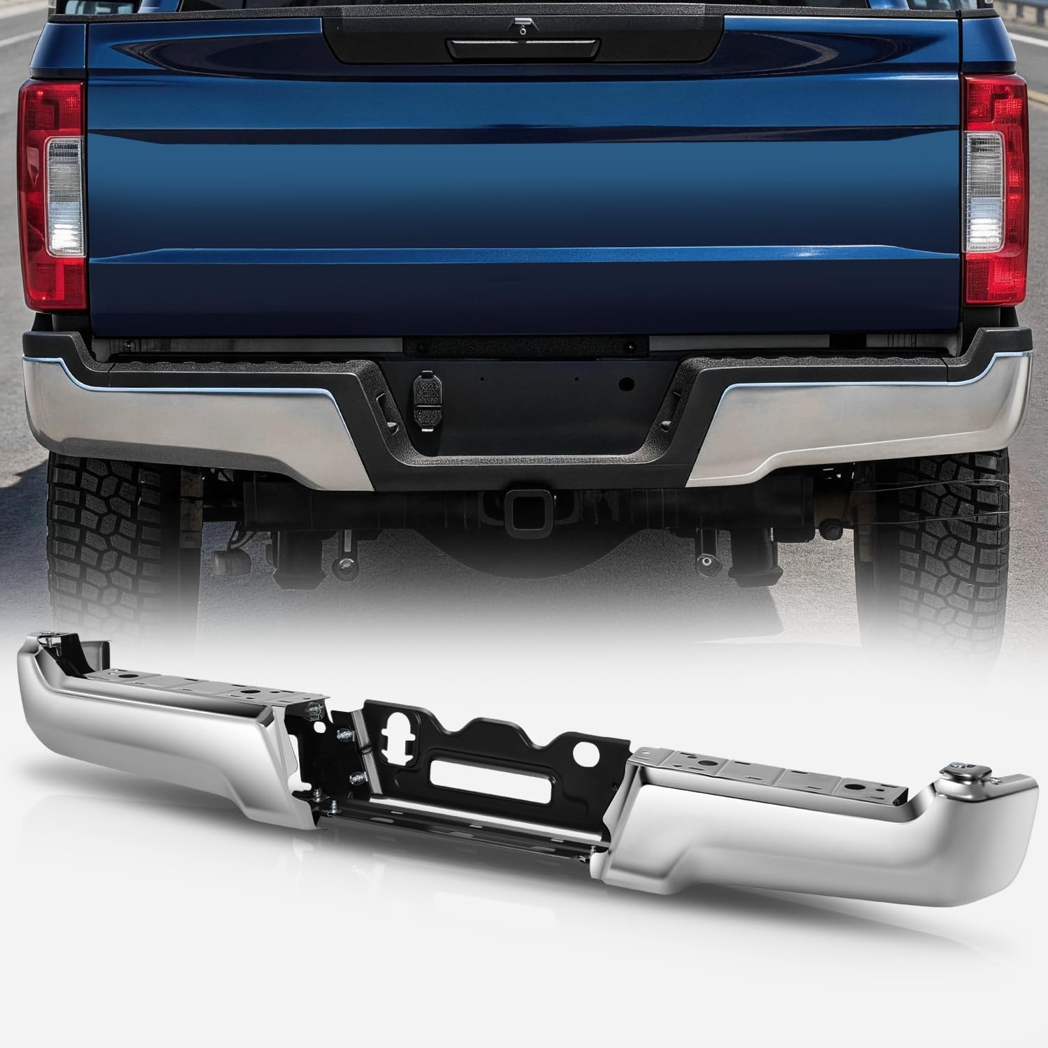 Auto Dynasty Rear Bumper Step Bar Replacement Compatible with 2017-2022 Ford F-250 350 Super Duty, Non Parking Sensor Holes, FO1103201, Polished Chrome, 17 18 19 20 21 22