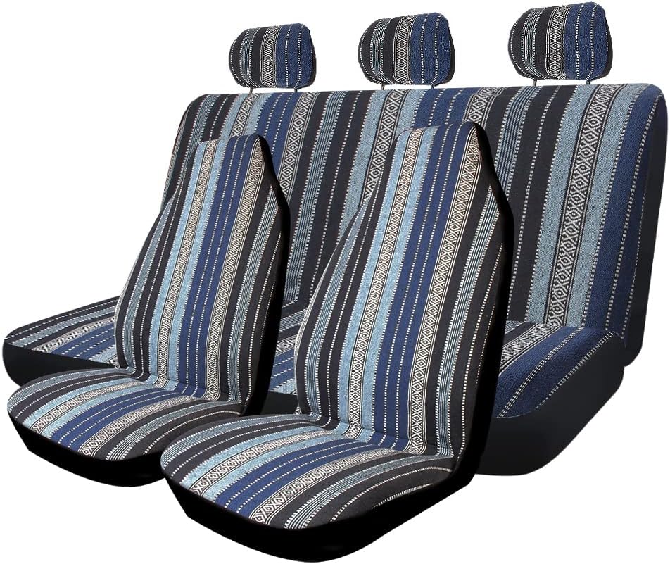 Copap Blue Stripe Car Seat Covers Multi-Color Baja Saddle Blanket Weave Bucket Seat Cover Fit for Sedan Cars & Vans with 15" Steering Wheel Cover