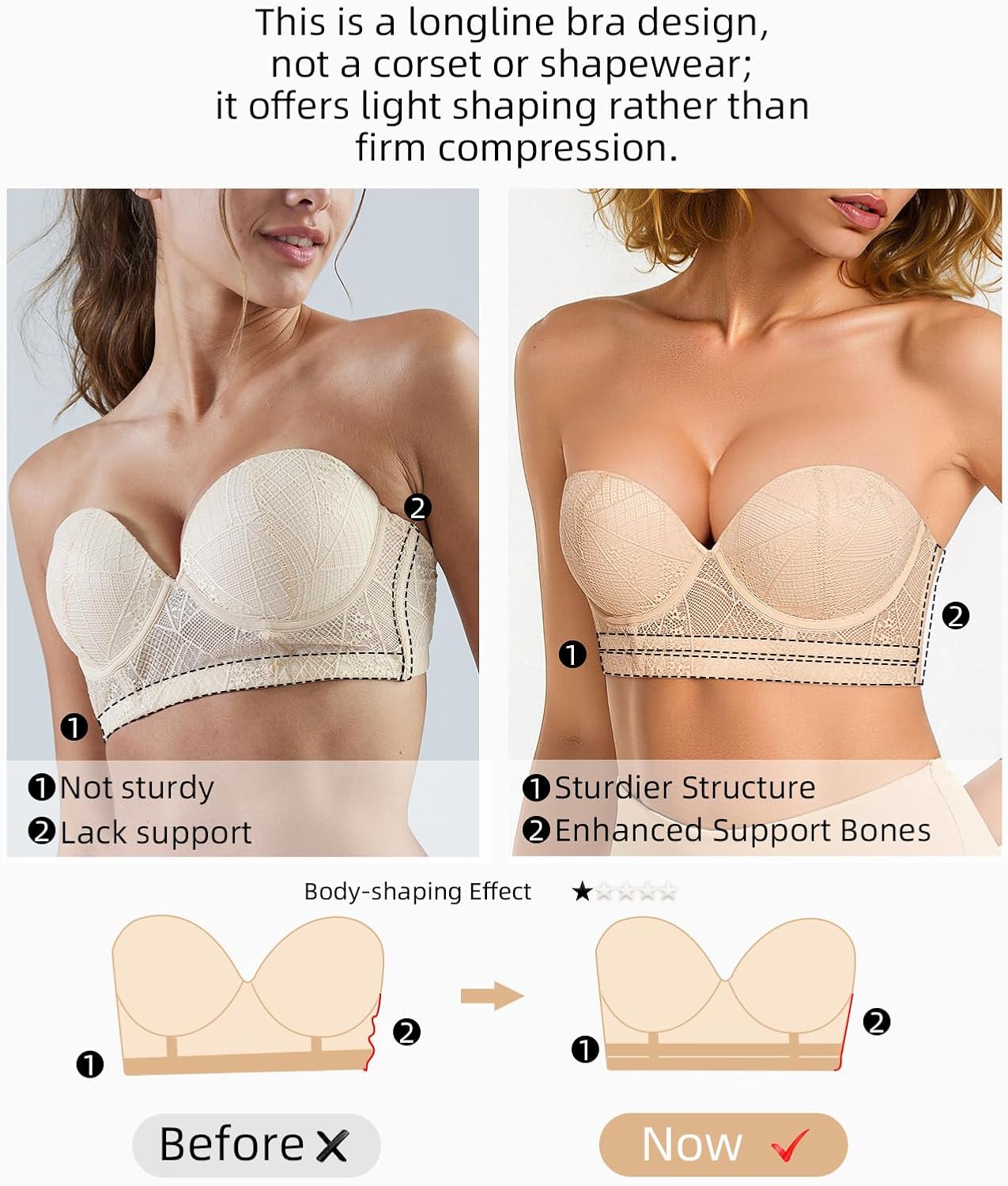 Strapless Longline Bras for Women Lace Push Up Padded Underwire Bra with Convertible Straps - Image 2