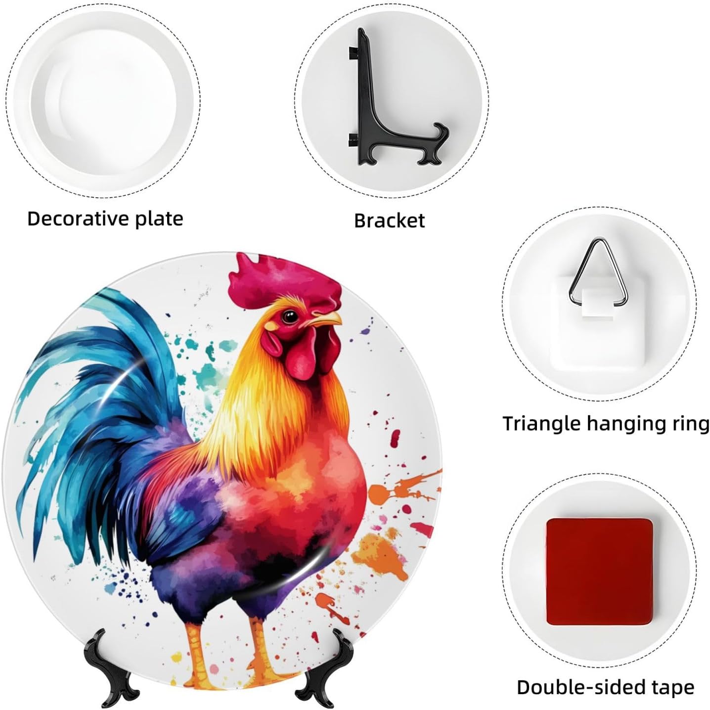 Watercolor Rooster Style Ceramic Plate Display Home Display With Stand Wall Hanging Plate For Home Decor 10 Inch