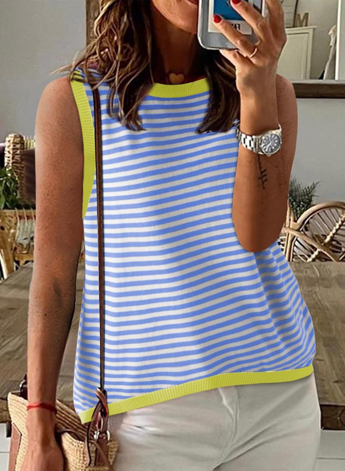 Dokotoo Womens Summer Tops 2025 Casual Striped Color Block High Neck Tank Top Loose Knit High Low Sleeveless Shirts Blouses