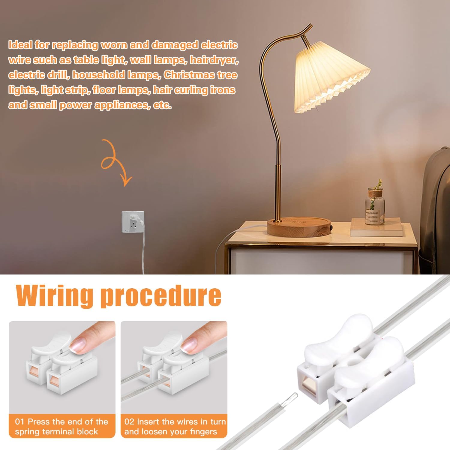 8 FT Lamp Cord with Plug, Replacement Lamp Wire with Plug, Clear SPT-2 Lamp Cord Wire Set 2 Polarized Molded Plug 18 AWG Power Cord, 8 Feet DIY Rewiring Repair Wiring Electrical Light Cords