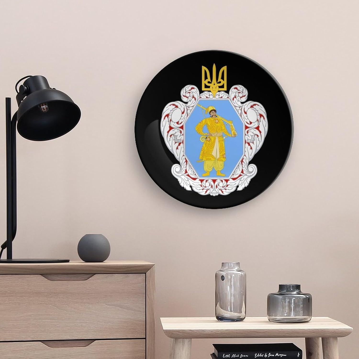 Coat of Arms of The Ukrainian State Printed Decorative Plate with Display Stand Handmade Ceramic Ornament Hanging Wall Decor for Foyer Home Office