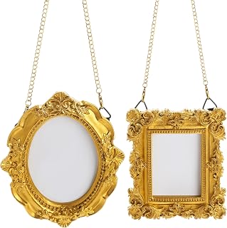 Weysat 2 Pcs Mini Hanging Gold Picture Frame Ornaments Small Hanging Antique Frame with Back and Chain Tiny Baroque Resin Picture Display for Home Wedding Holiday Christmas Tree(Vintage Style)