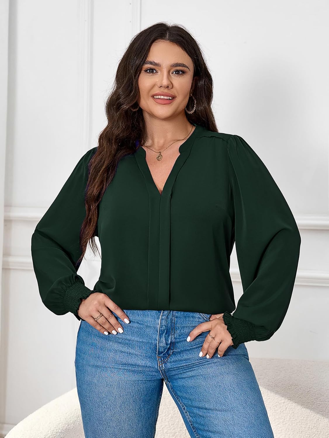 SCOMCHIC 2024 Plus Size Blouses for Women Dressy Casual V Neck Long Sleeve Casual Loose Shirts XL-5XL - Image 3