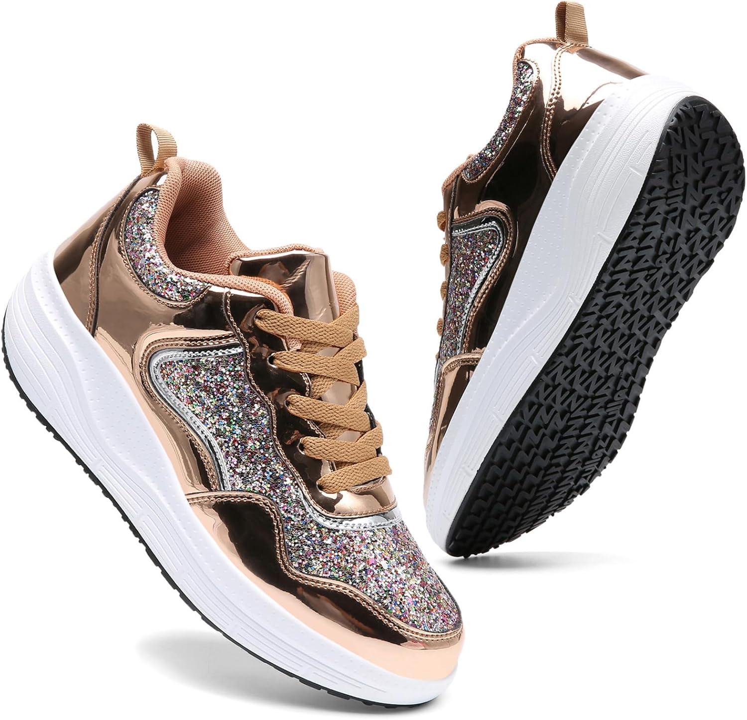 WUIWUIYU Women's Girls' Wedge Platform Shiny PU Sparkly Sequins Glitter Lace-Up Sneakers Street Dance Shoes - Image 7