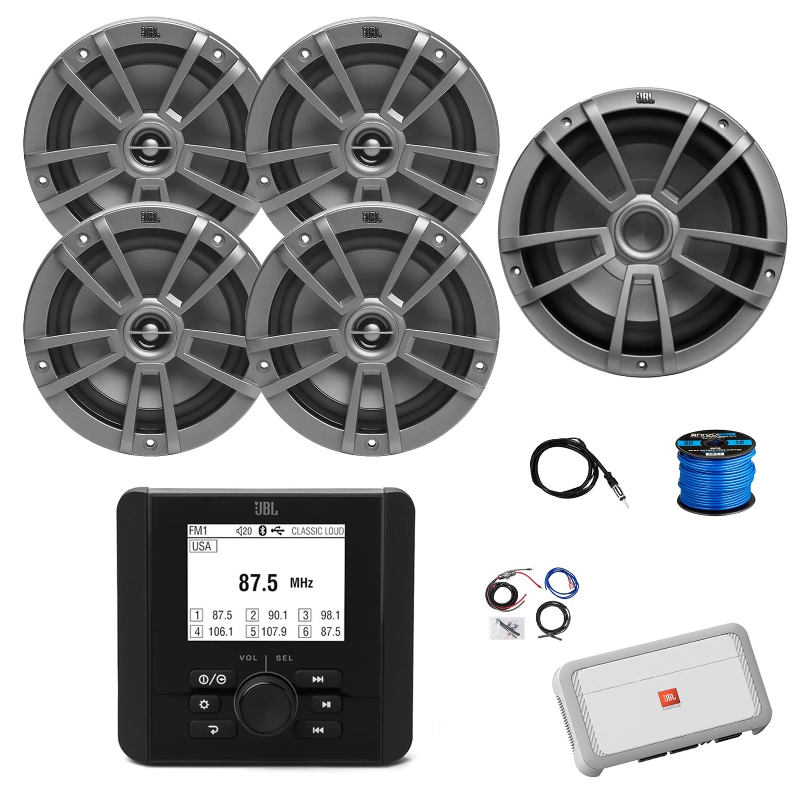 Marine Gauge Style Bluetooth AM/FM Radio Receiver, 4X 6.5 180 Watt 2-Way Multi-Element Audio Speakers (Gray), Wire, Antenna, 10
