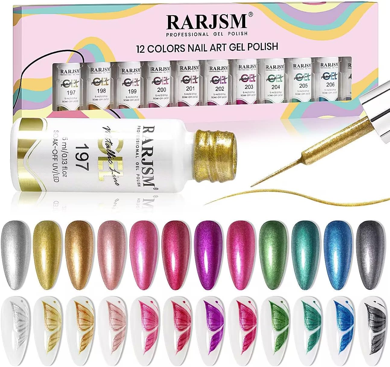 Metallic Nail Art Gel Liner Black Silver Rose Gold Blue Green Red Glitter Painted Gel Nail Polish Set Soak Off 12 Colors 5ml UV LED Curing Require for DIY at Home Nail Salon Manicure Design