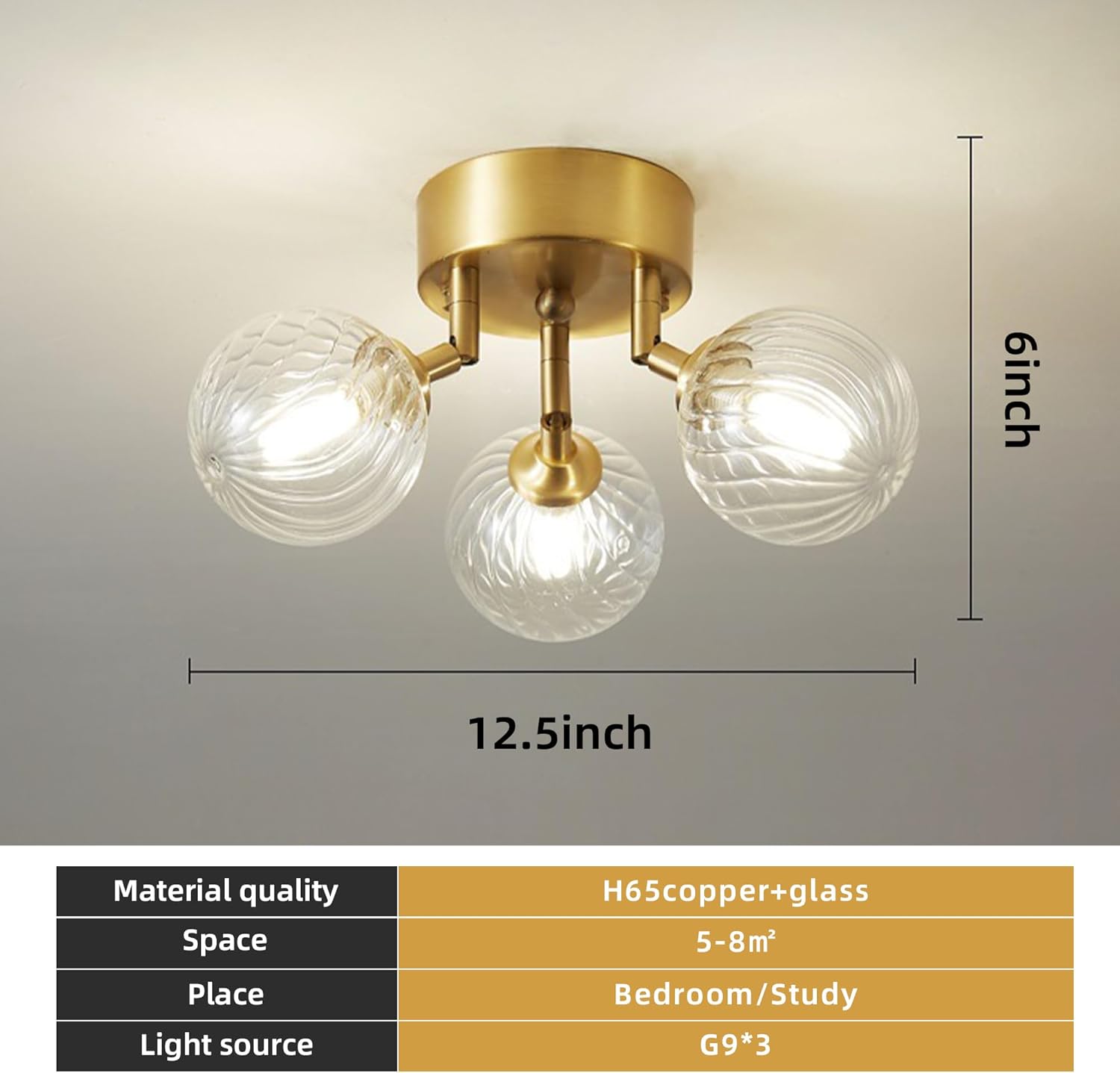 Gold Semi Flush Mount Ceiling Light Fixture 3 Light Clear Swirl Globe Mid Century Bubble Ball Glass Chandelier for Bedroom, Entryway, Hallway, Living Room, Kithcen, Dining Room